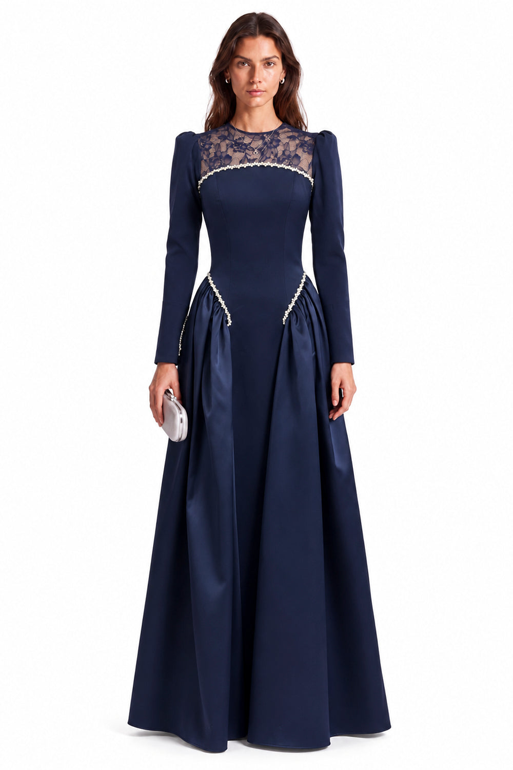 "Mira" Crepe Sculpted Drop Waist Gown