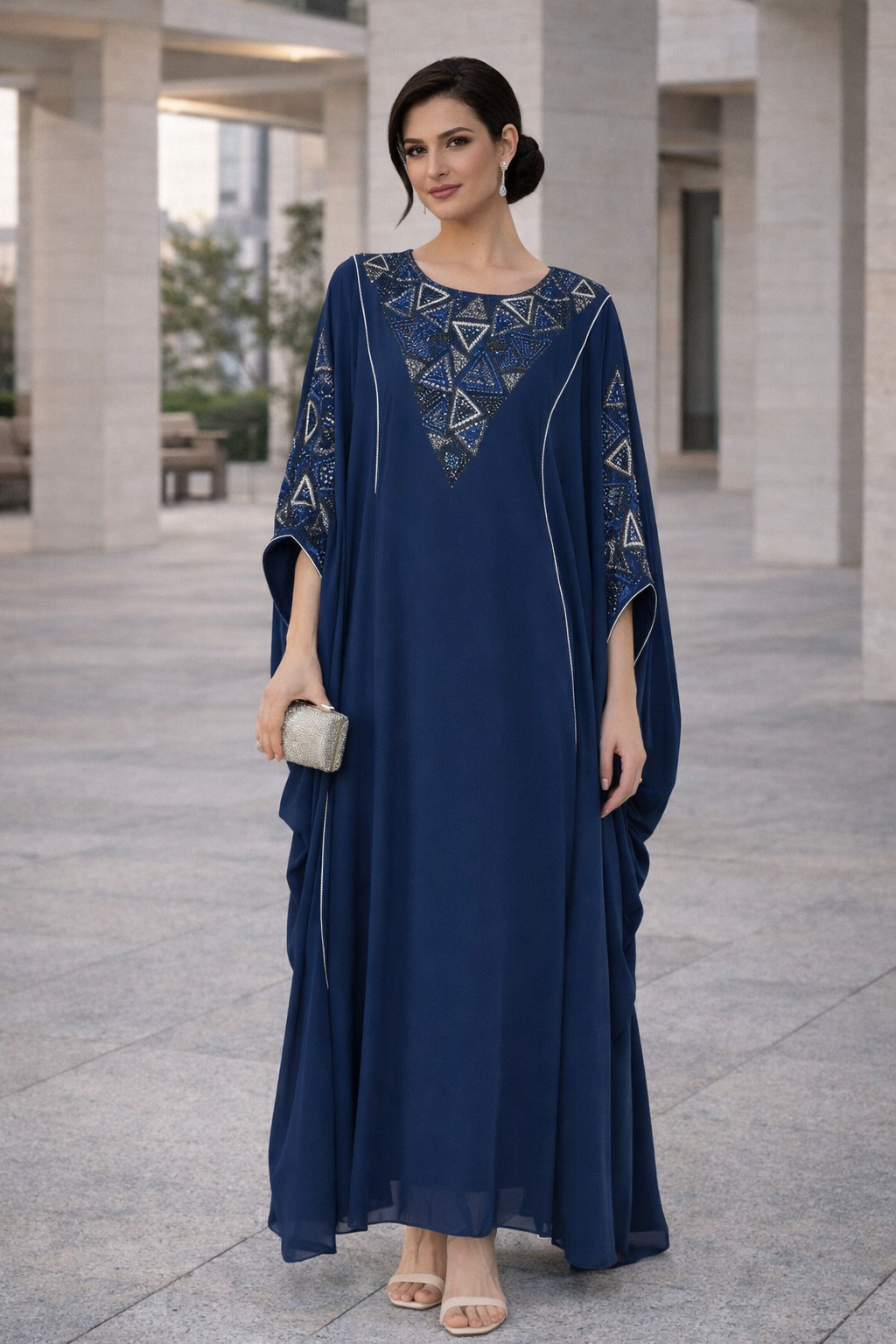 Beautiful Embroidered Round neckline Jalabiya With Symmetrical Ruched Details
