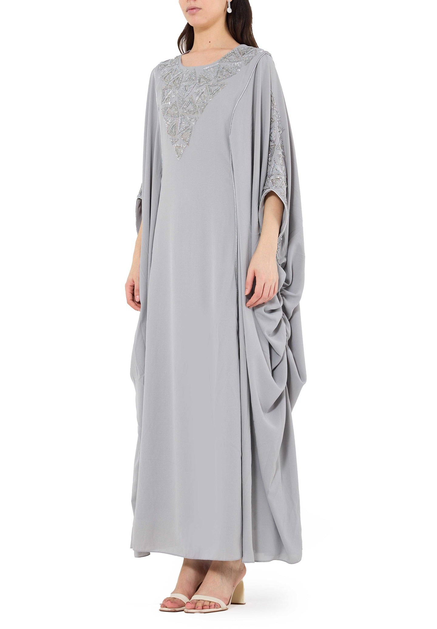 Beautiful Embroidered Round neckline Jalabiya With Symmetrical Ruched Details