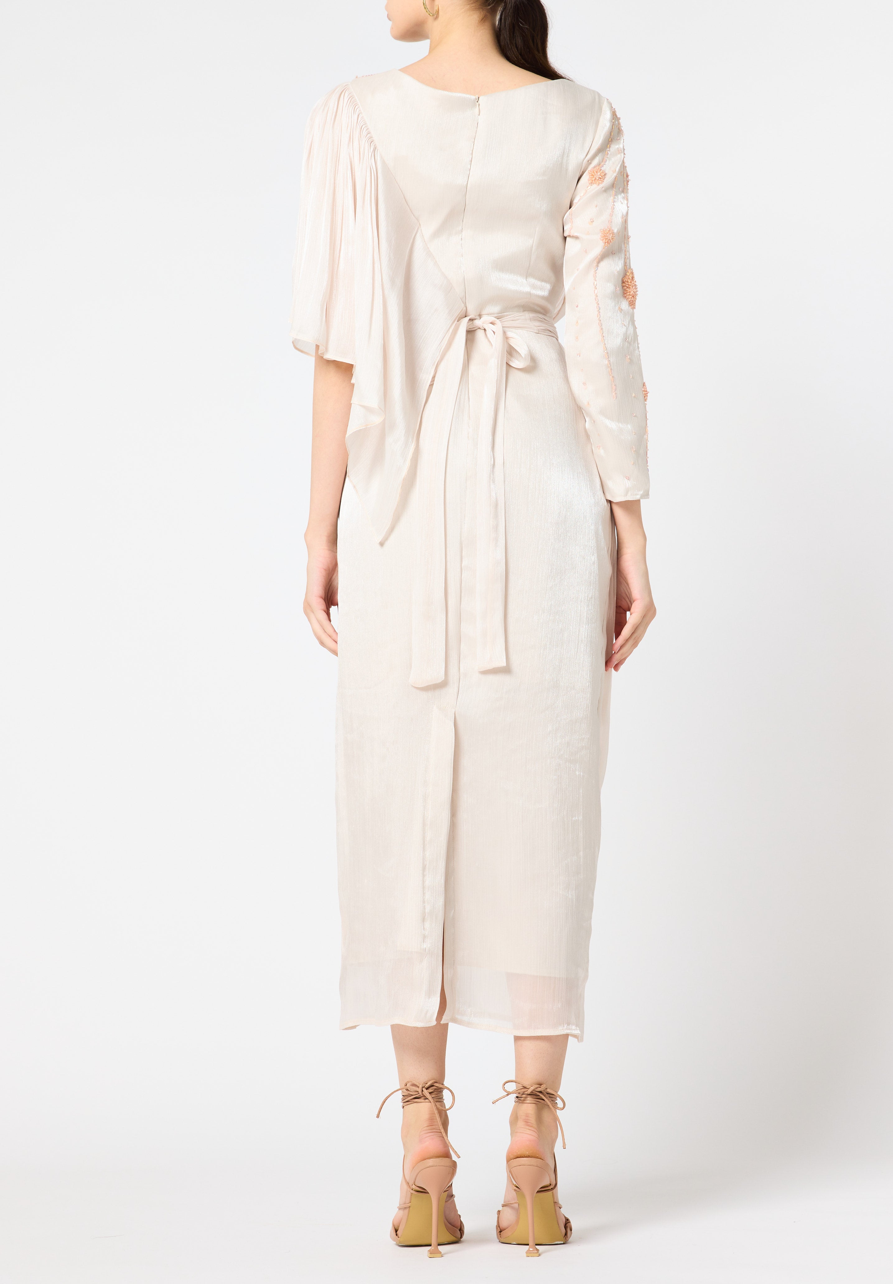 Asymmetrical Draped Embroidered Midi Dress