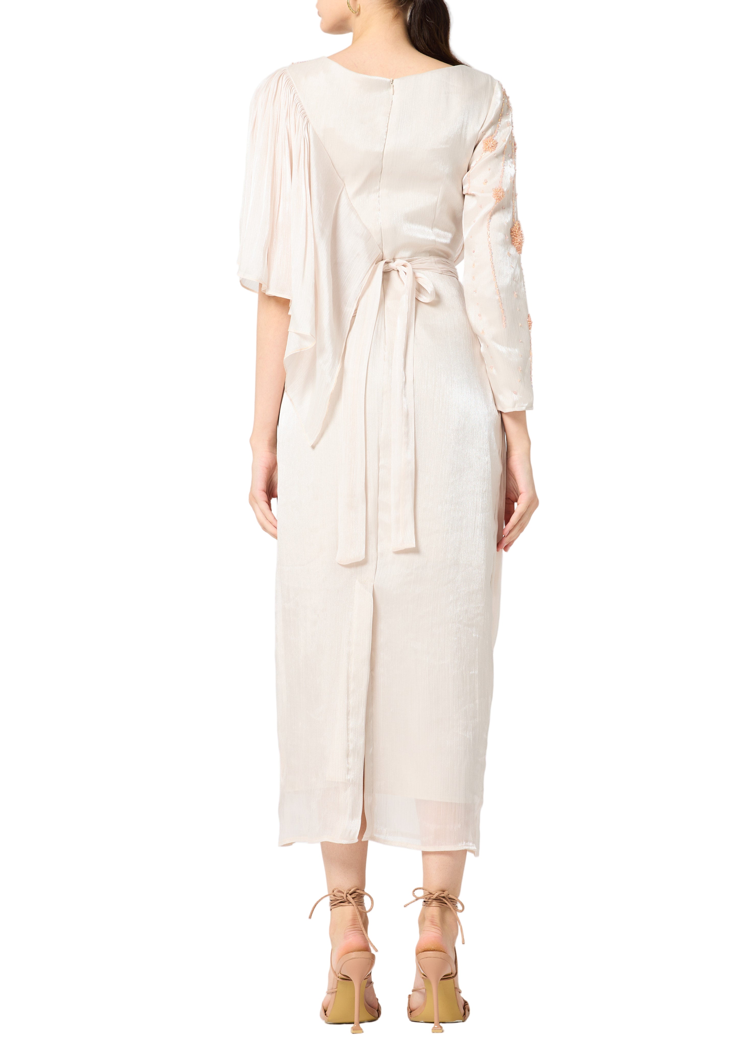 Asymmetrical Draped Embroidered Midi Dress