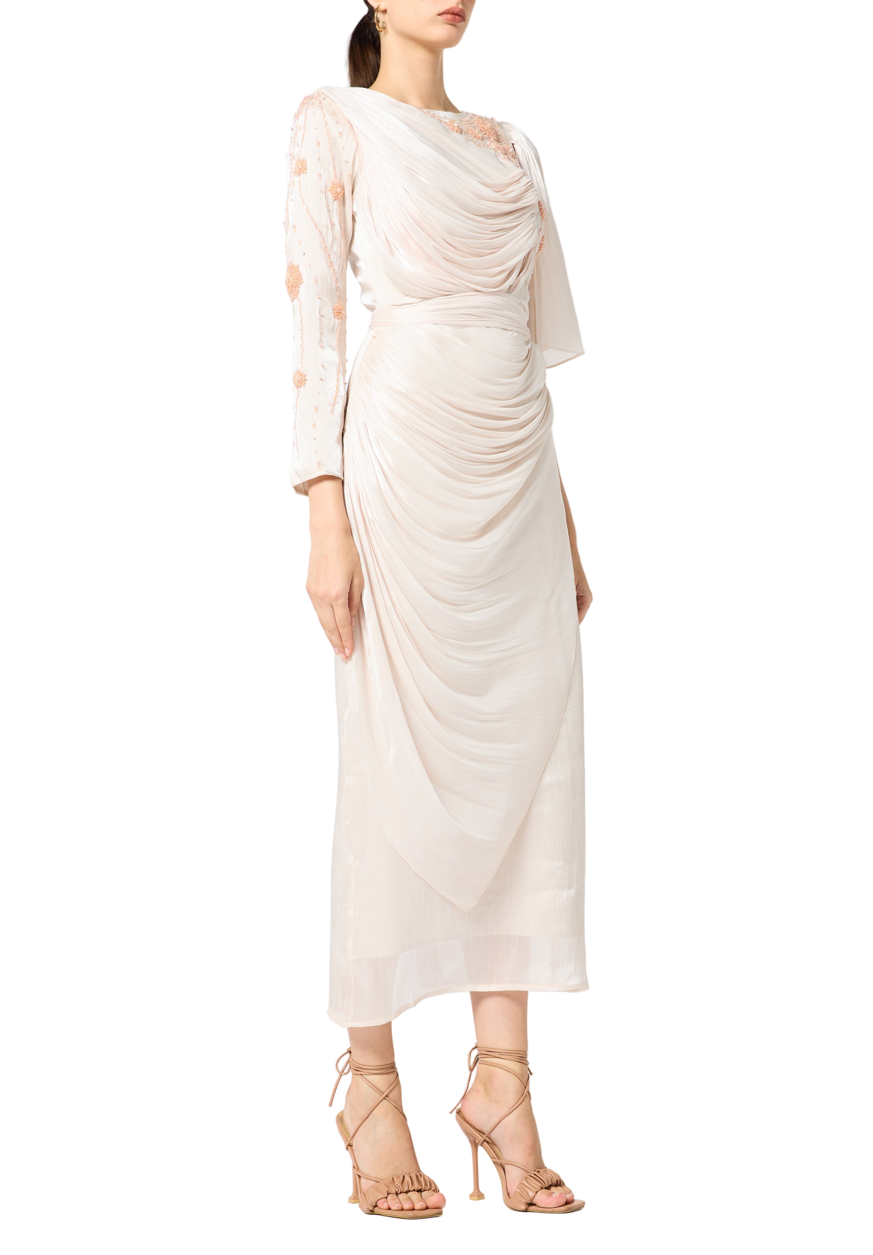 Asymmetrical Draped Embroidered Midi Dress