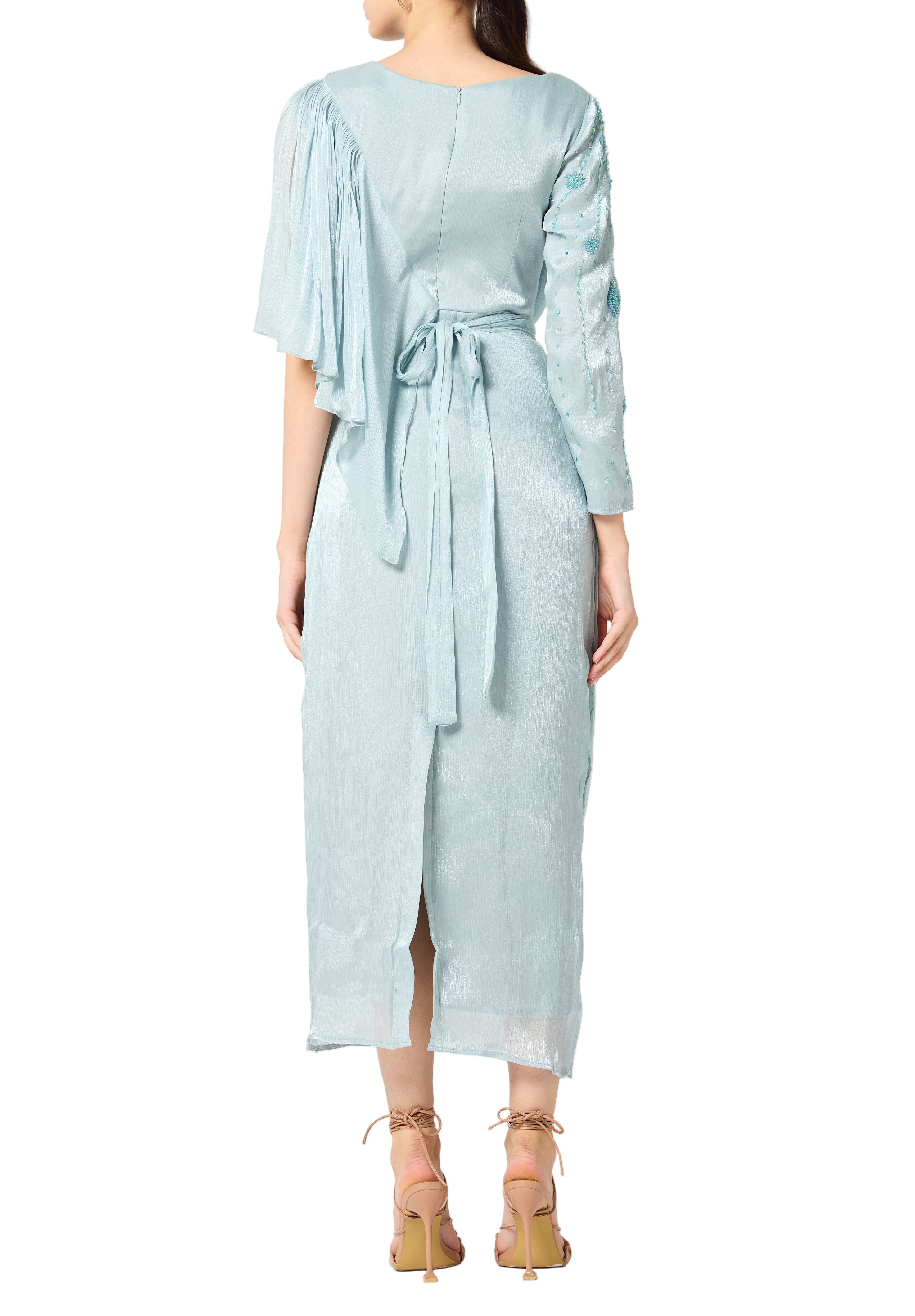 Asymmetrical Draped Embroidered Midi Dress