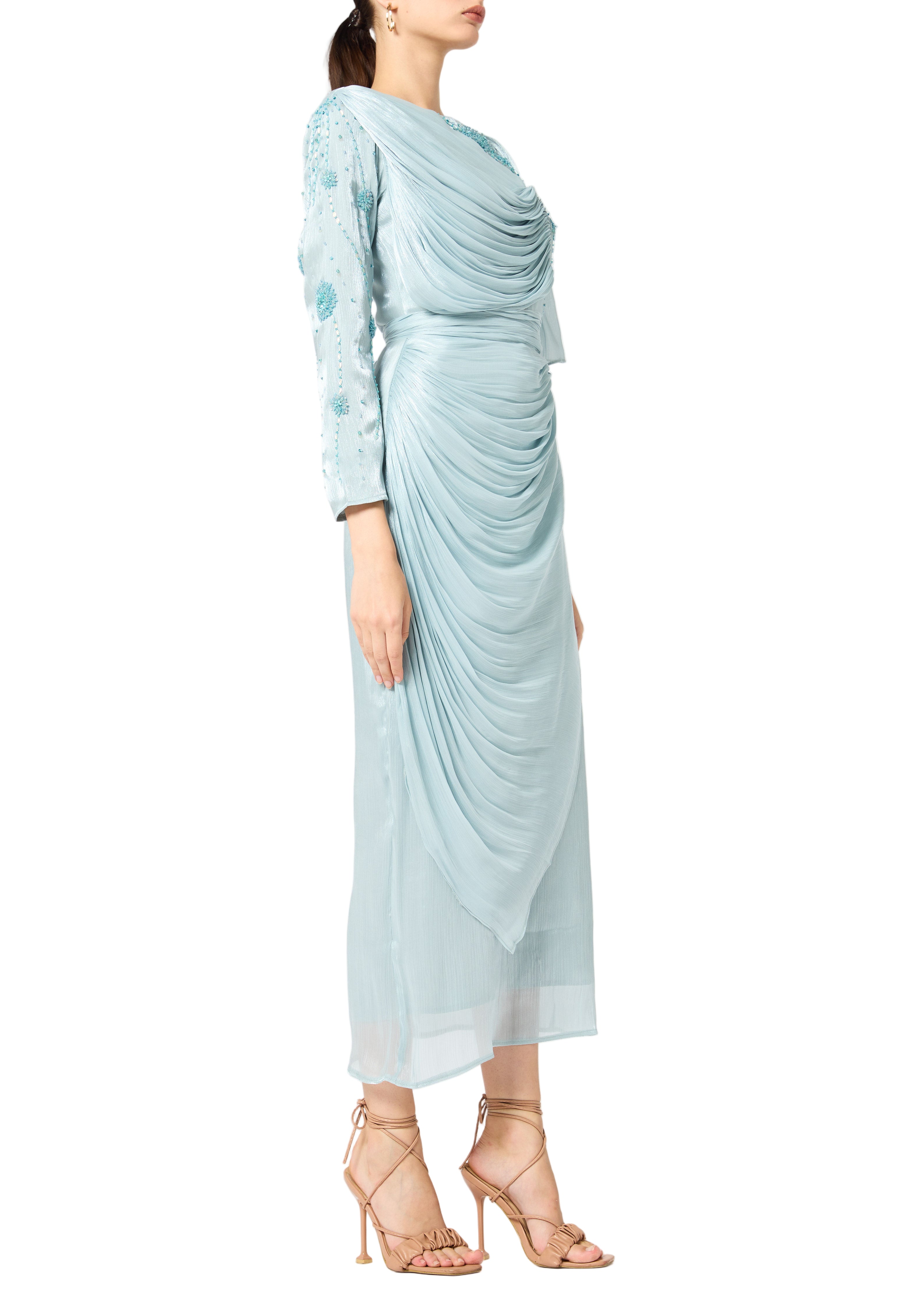 Asymmetrical Draped Embroidered Midi Dress