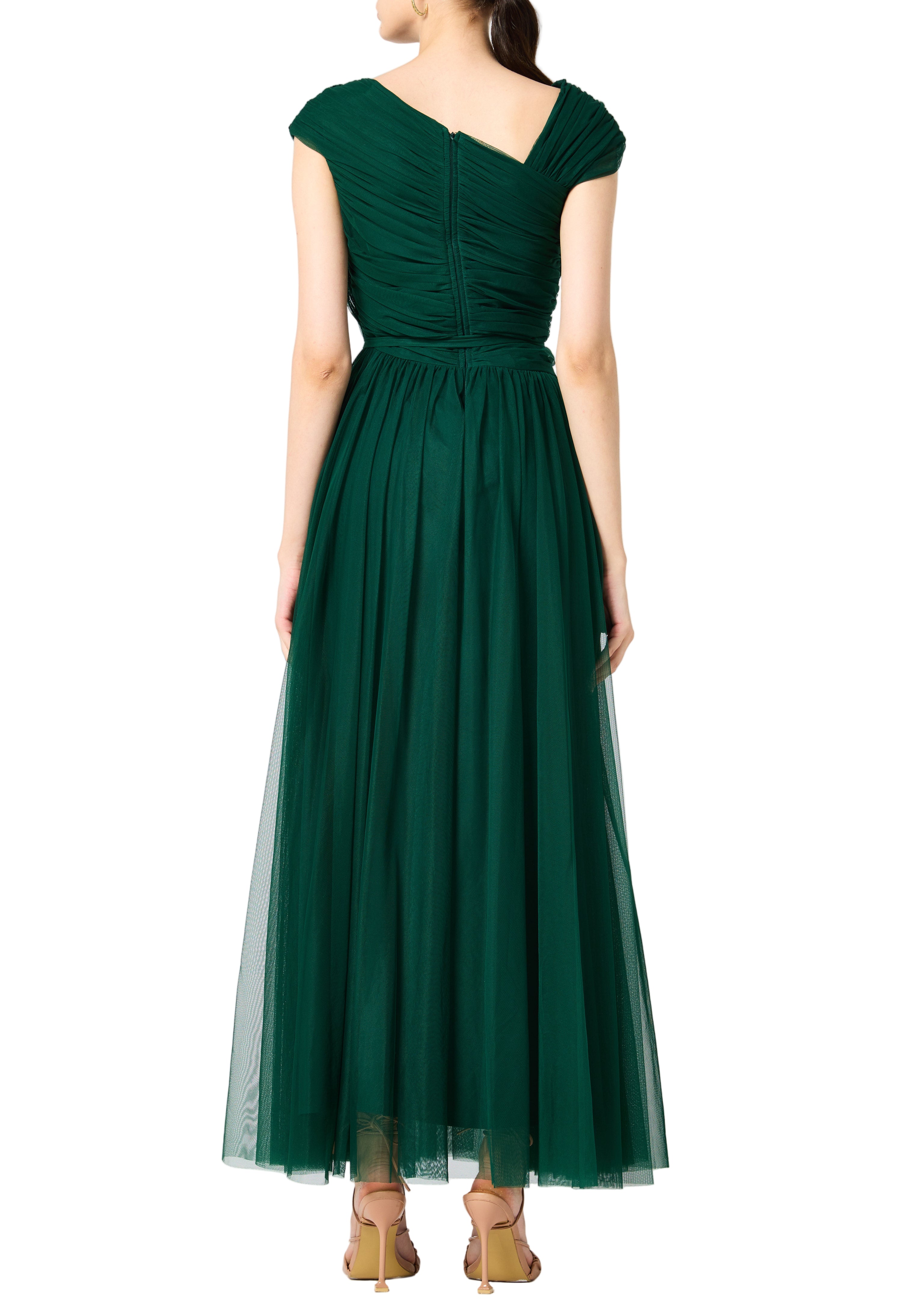 Beautiful Embroidered Tulle Dress With Drape Details On The Body And V-Neckline
