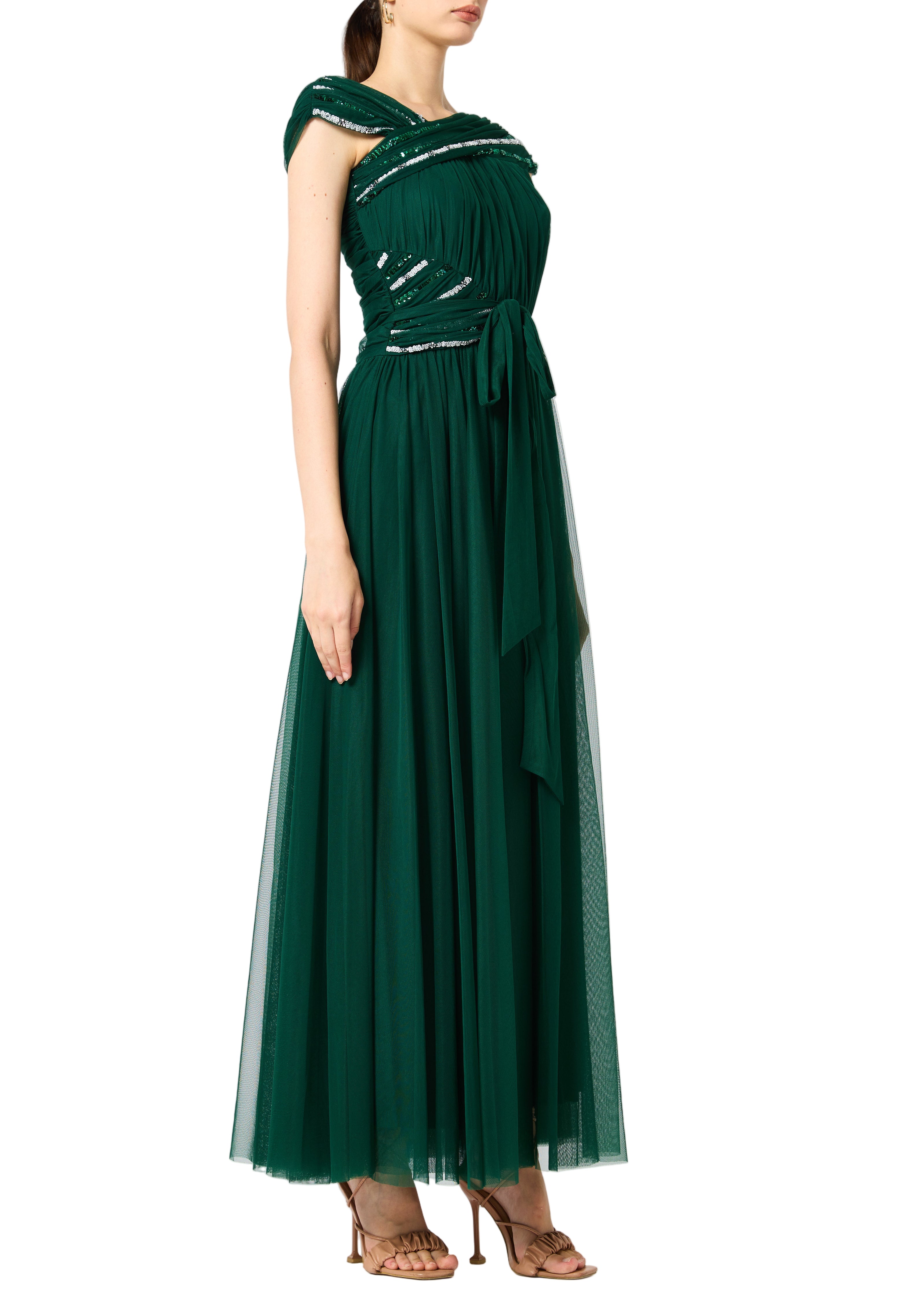 Beautiful Embroidered Tulle Dress With Drape Details On The Body And V-Neckline
