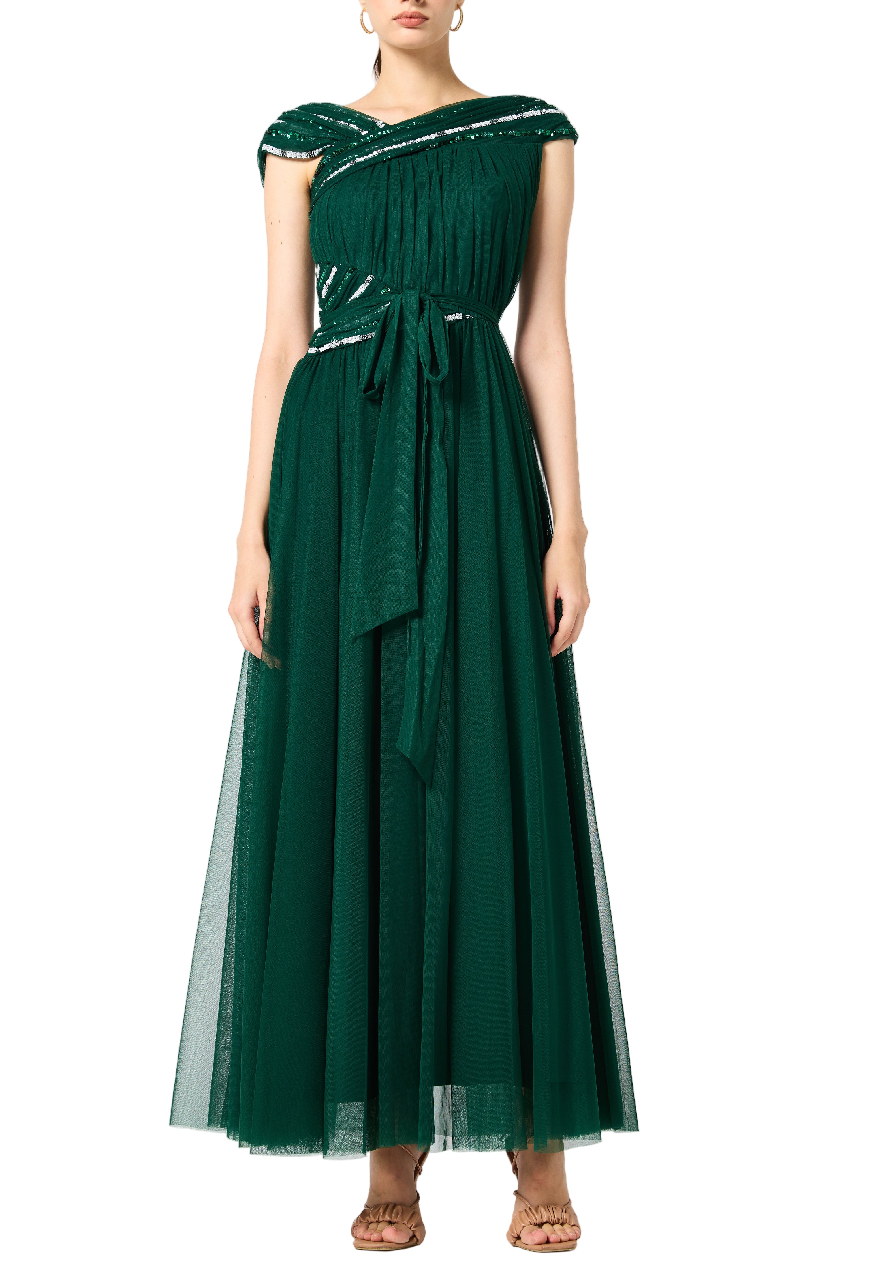Beautiful Embroidered Tulle Dress With Drape Details On The Body And V-Neckline