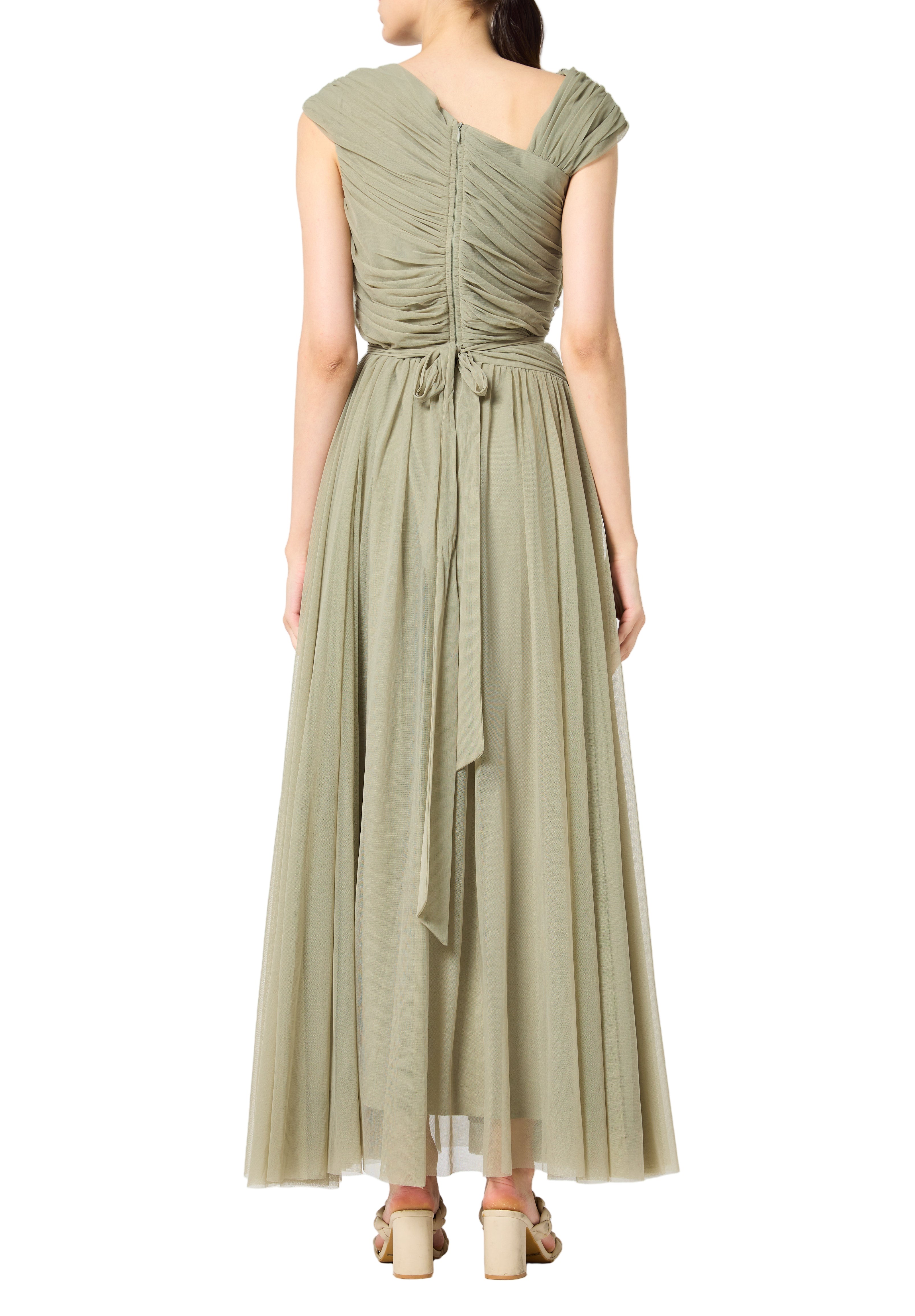 Beautiful Embroidered Tulle Dress With Drape Details On The Body And V-Neckline