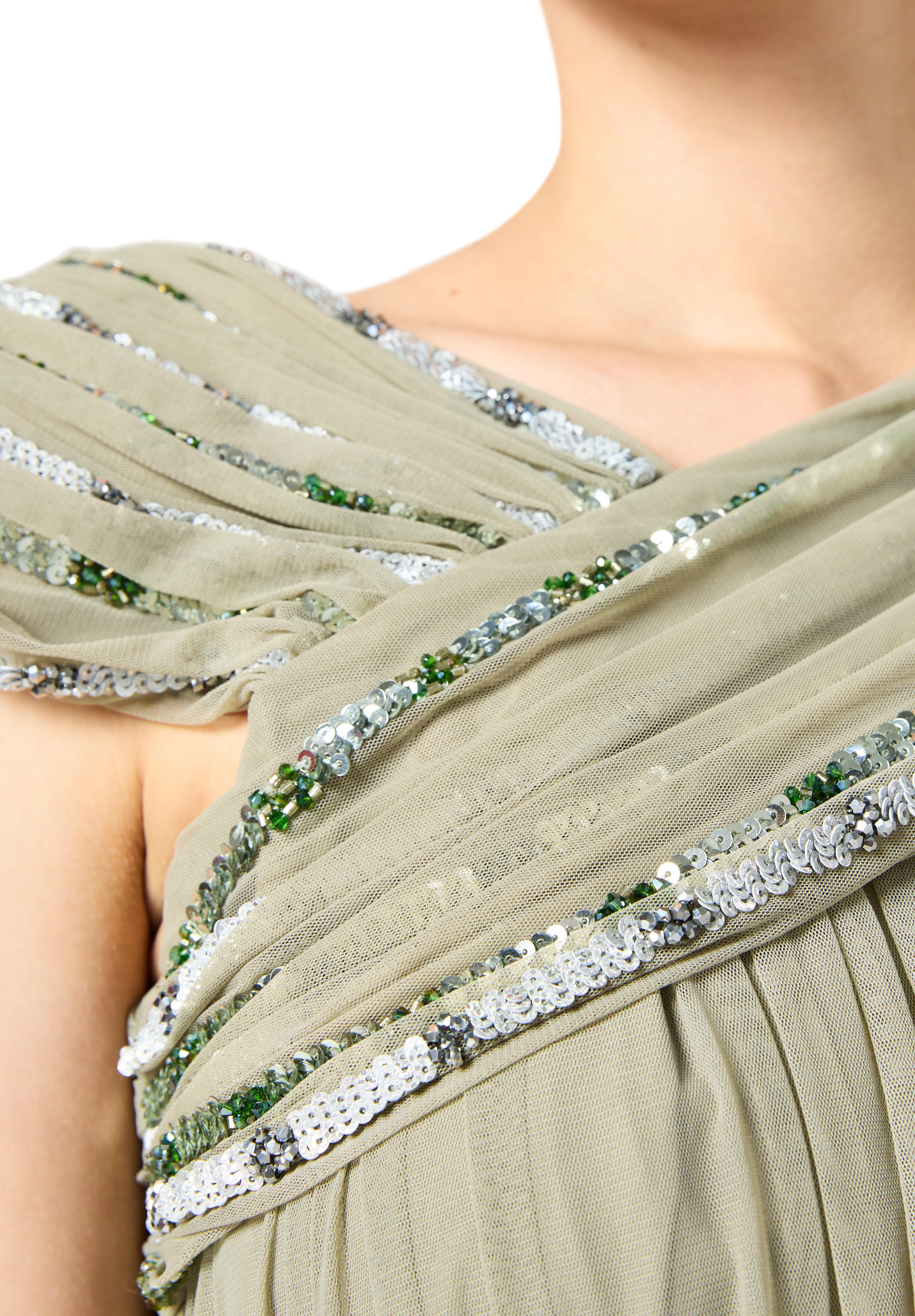 Beautiful Embroidered Tulle Dress With Drape Details On The Body And V-Neckline