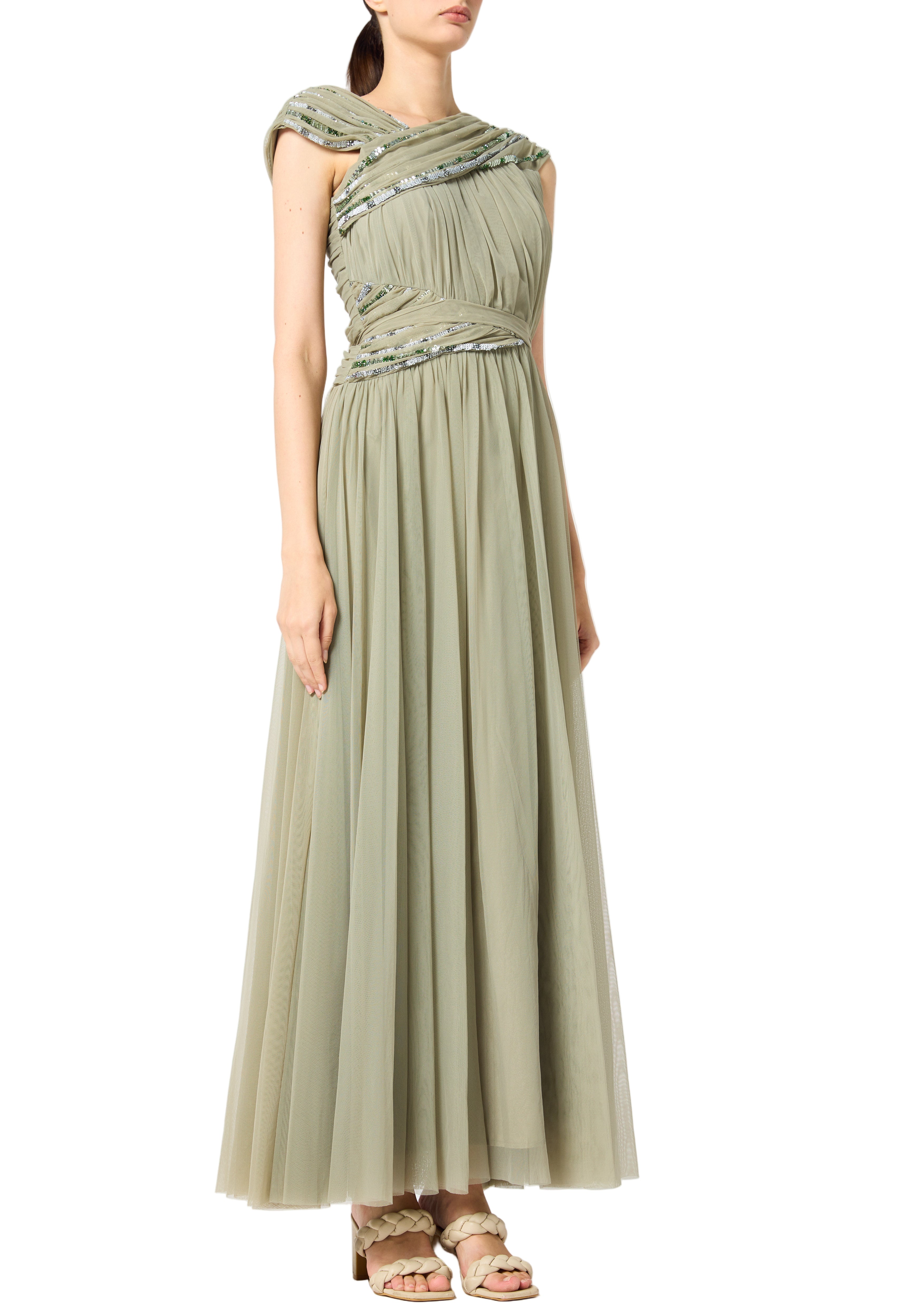 Beautiful Embroidered Tulle Dress With Drape Details On The Body And V-Neckline