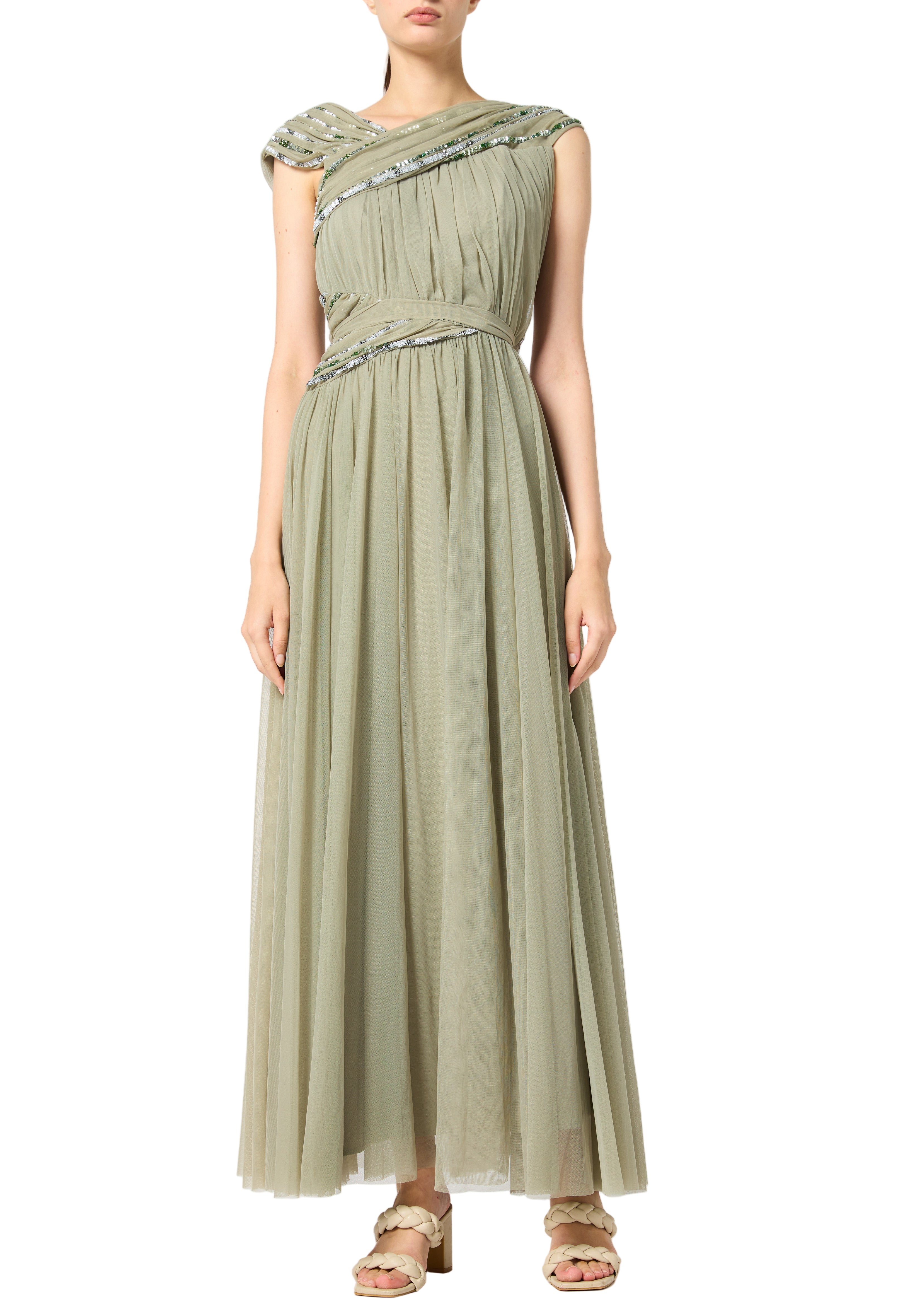 Beautiful Embroidered Tulle Dress With Drape Details On The Body And V-Neckline