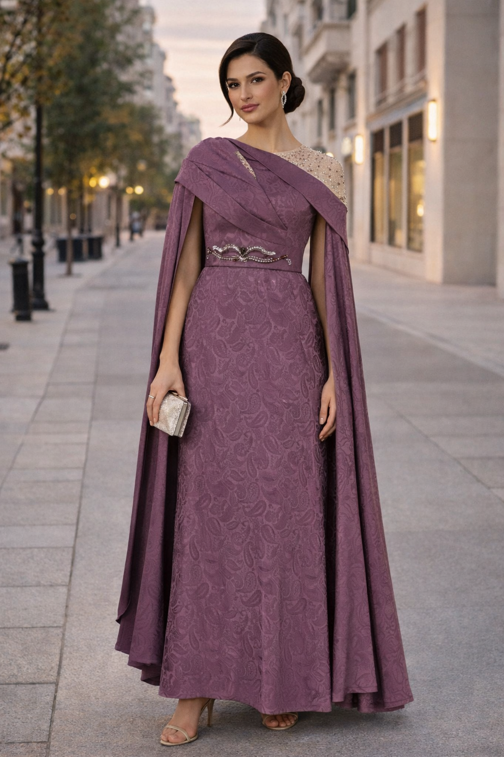 Beautiful Asymmetrical Pattered Long Dress With Embroidery Details And Long Cape Sleeves