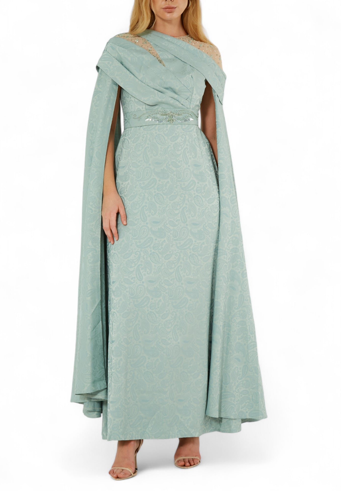 Beautiful Asymmetrical Pattered Long Dress With Embroidery Details And Long Cape Sleeves