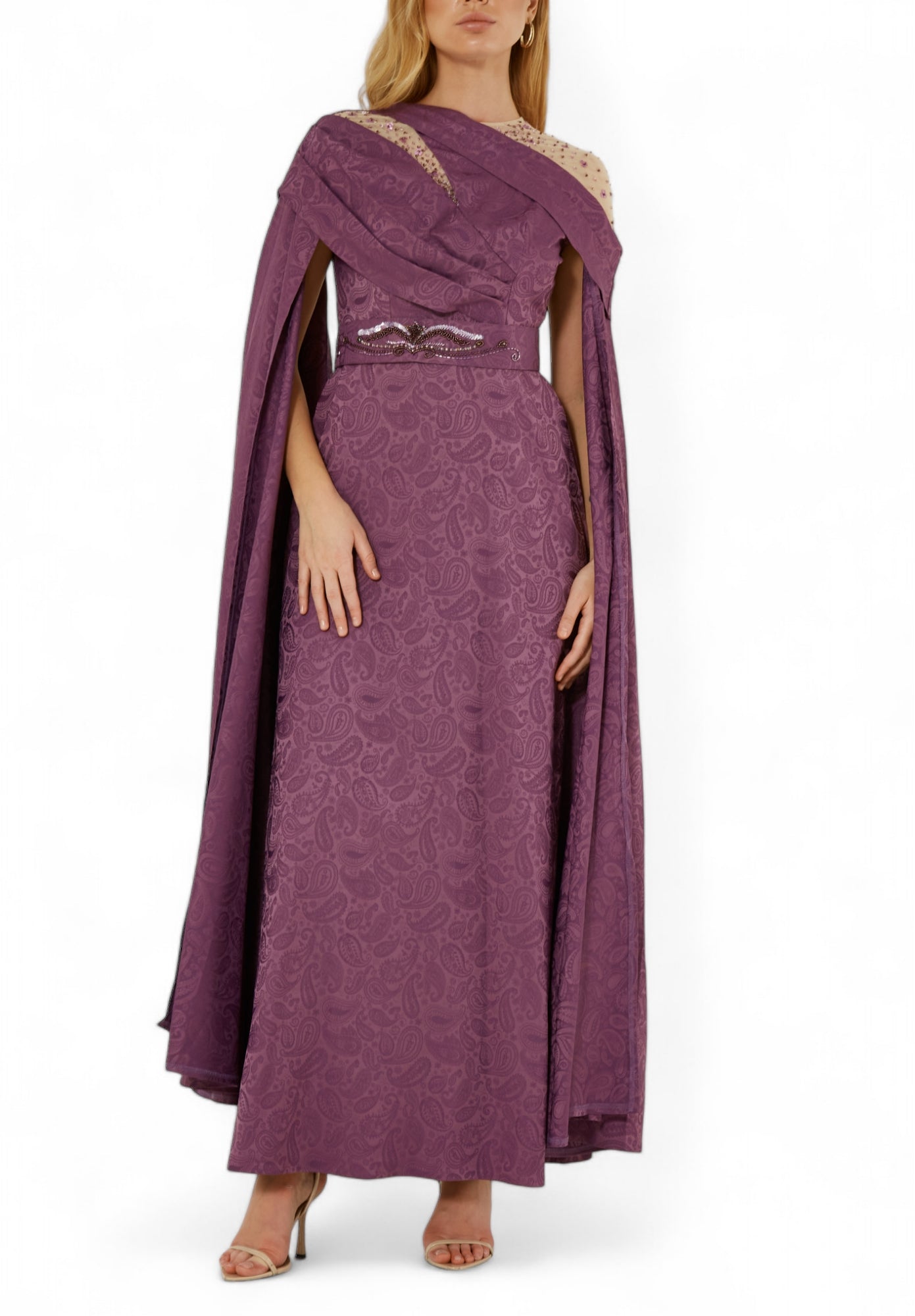 Beautiful Asymmetrical Pattered Long Dress With Embroidery Details And Long Cape Sleeves