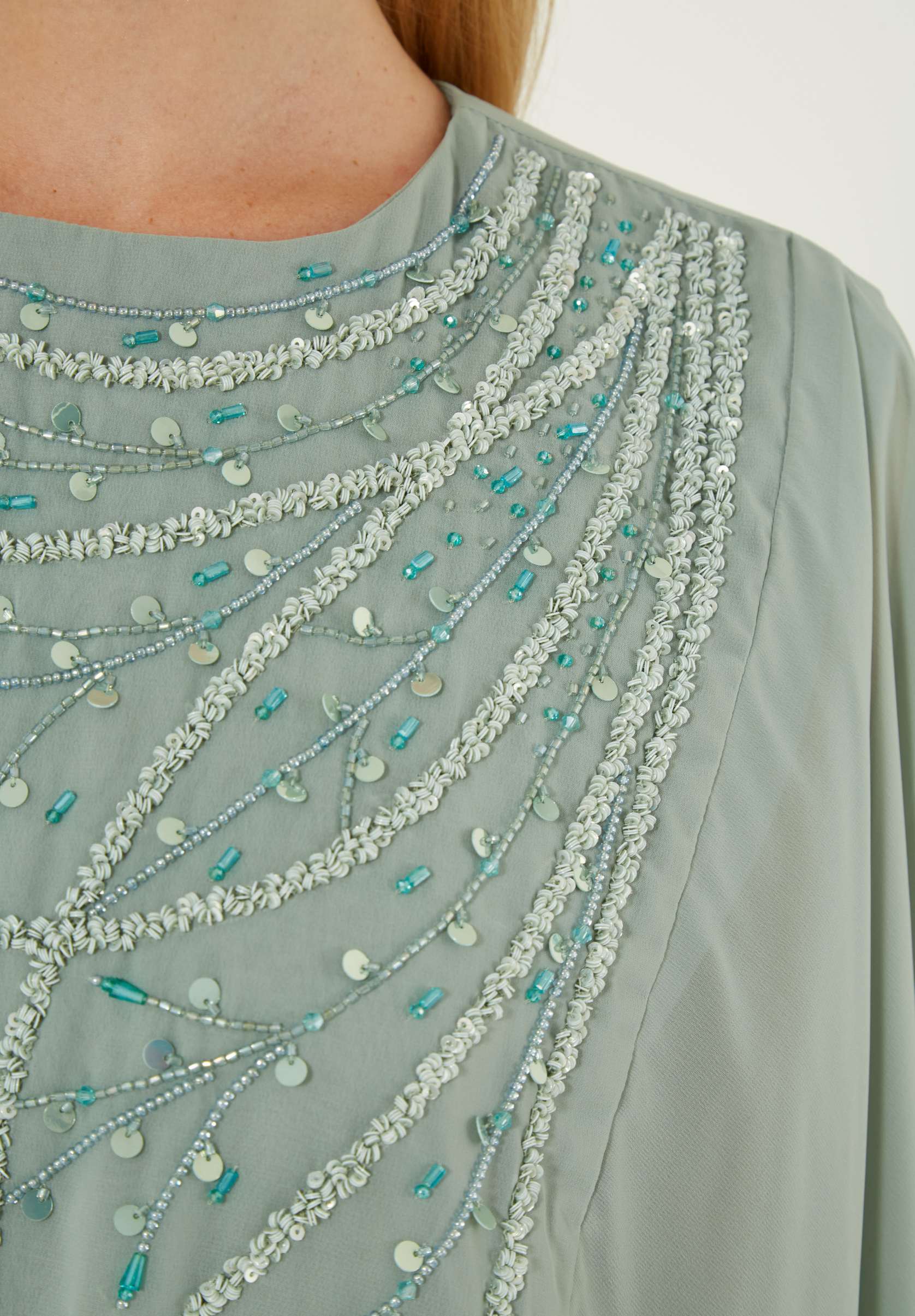 Beautiful Chiffon Draped Dress with Embroidery Details And Long Sleeves