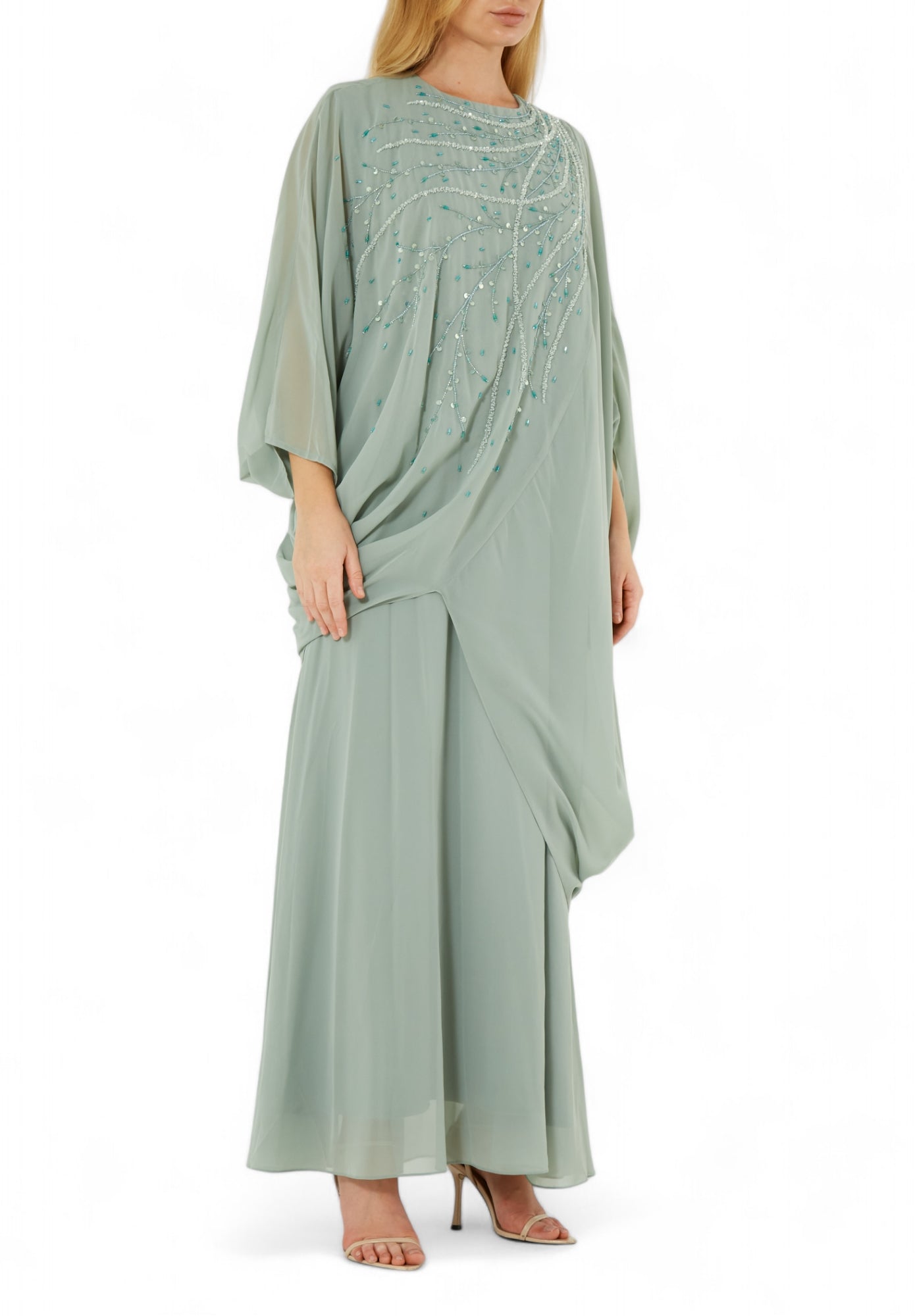 Beautiful Chiffon Draped Dress with Embroidery Details And Long Sleeves