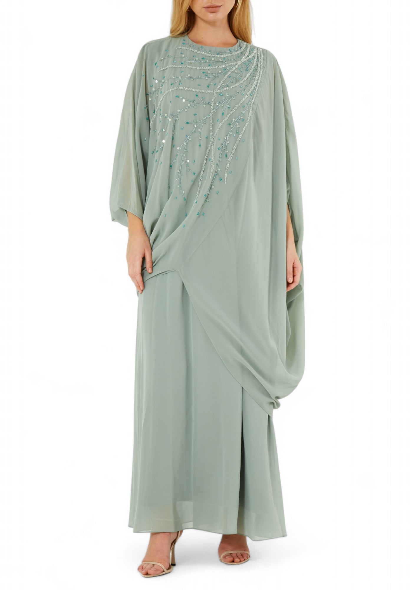 Beautiful Chiffon Draped Dress with Embroidery Details And Long Sleeves