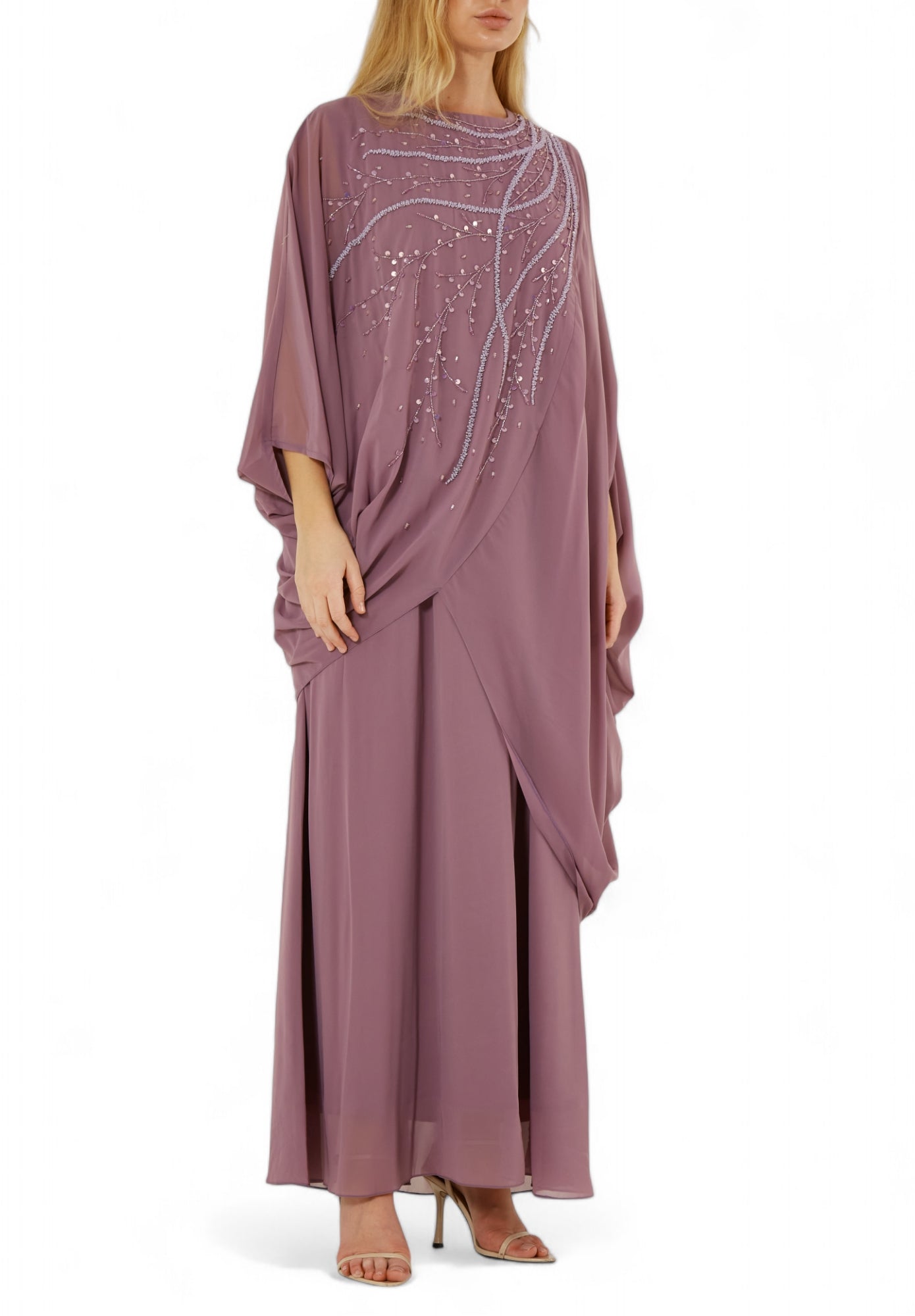Beautiful Chiffon Draped Dress with Embroidery Details And Long Sleeves