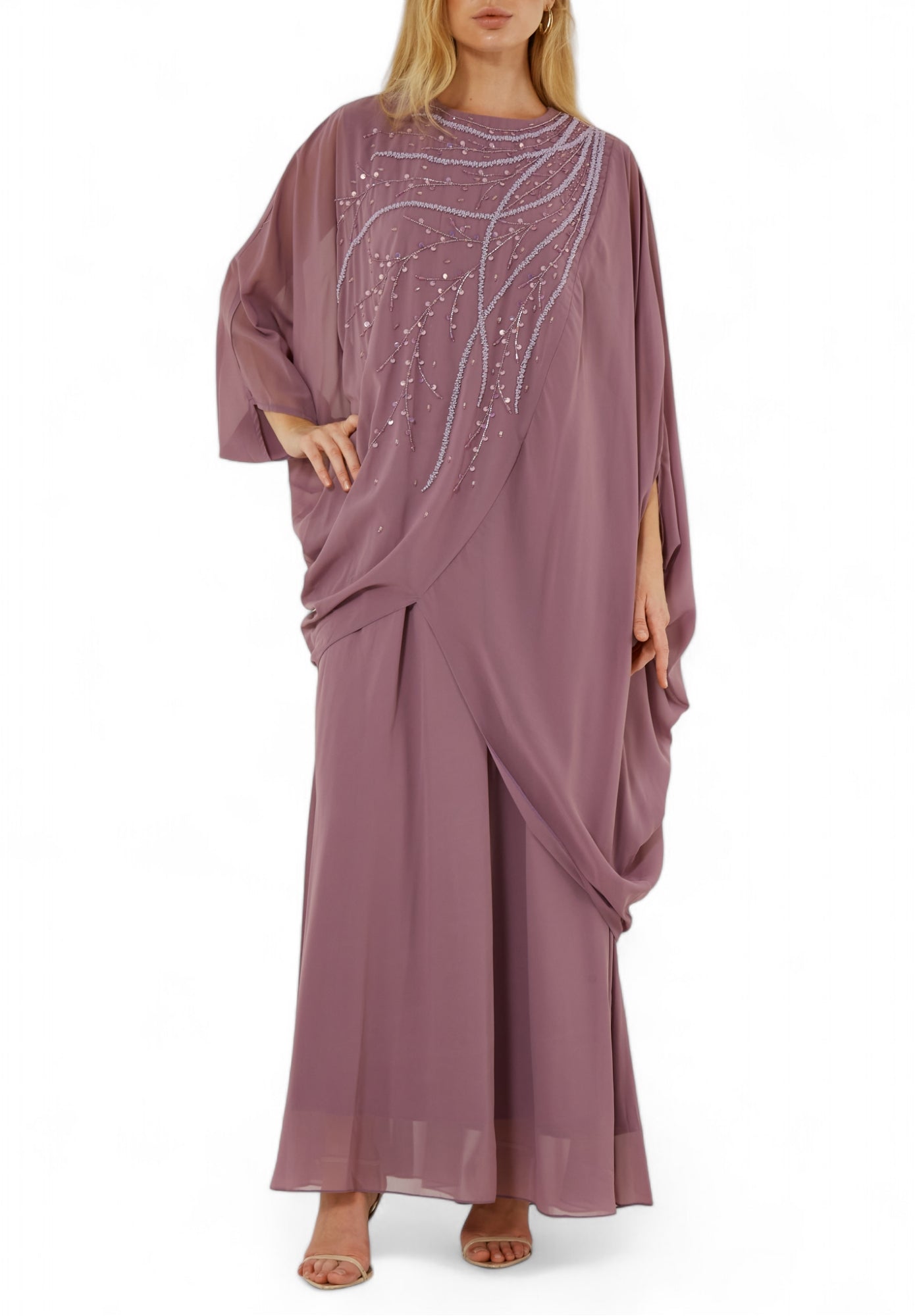 Beautiful Chiffon Draped Dress with Embroidery Details And Long Sleeves