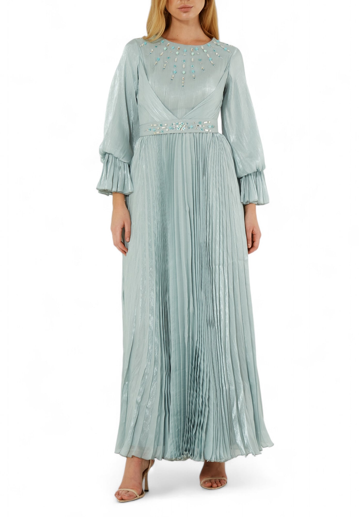 Beautiful Embroidered Pleated Long Dress with Round Neckline With Bishop Sleeves