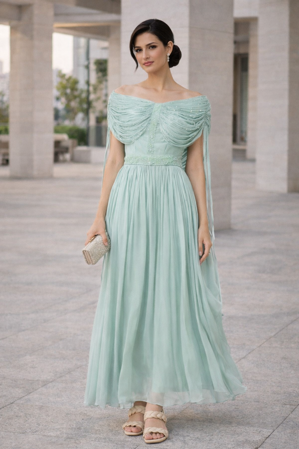 Beautiful Off shoulder Silk Dress With Ruched details On The Body