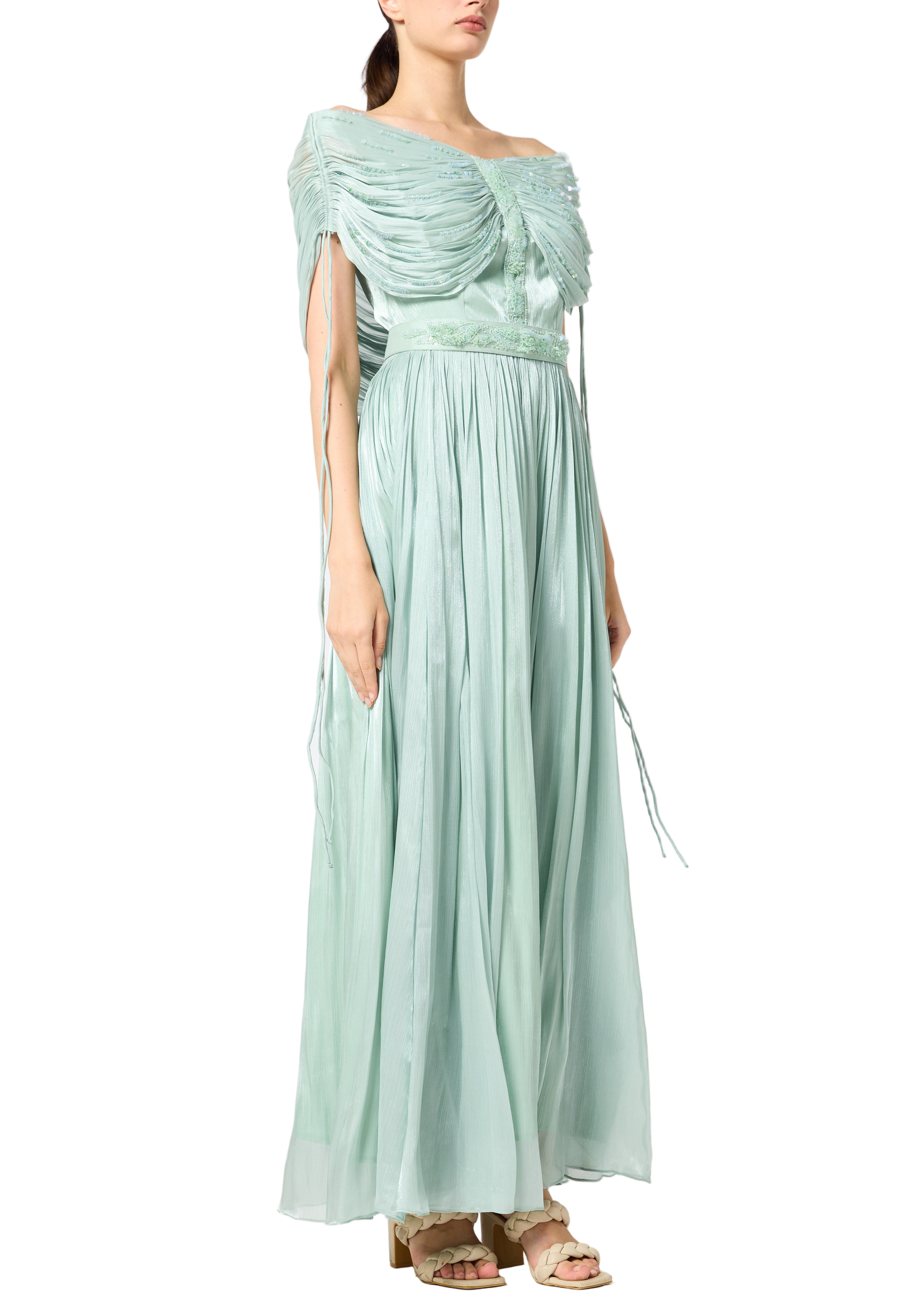 Beautiful Off shoulder Silk Dress With Ruched details On The Body