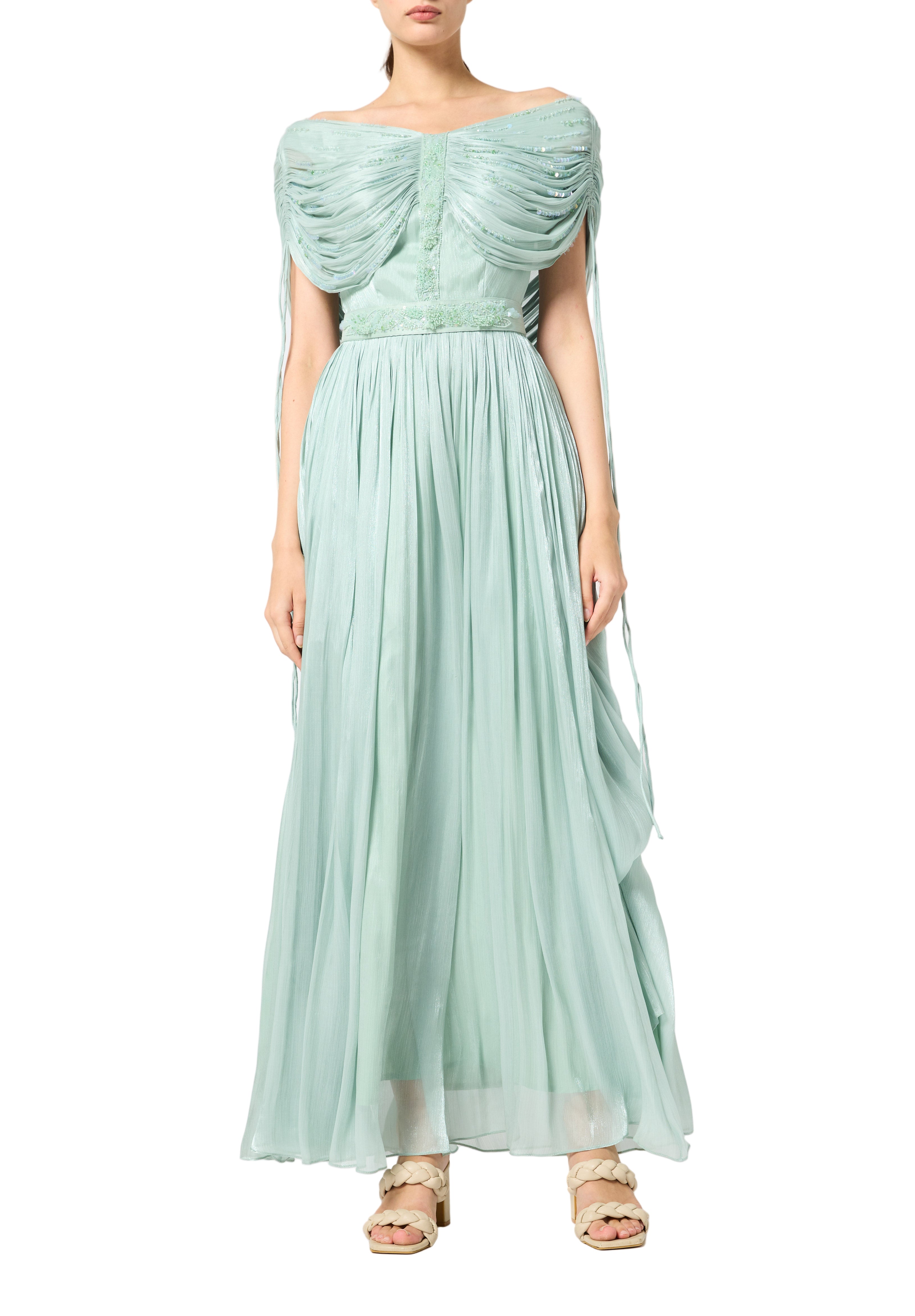 Beautiful Off shoulder Silk Dress With Ruched details On The Body
