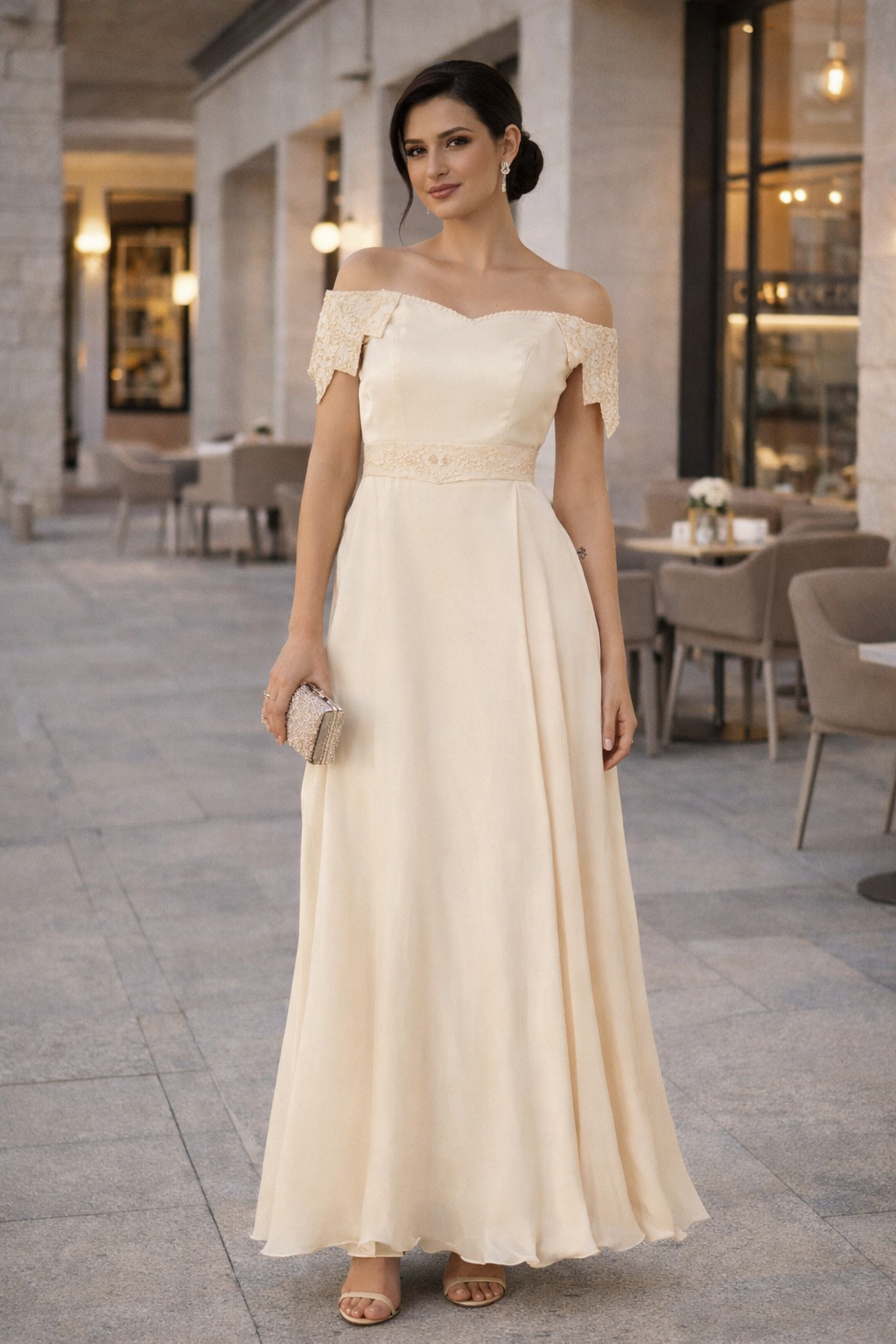 Simple And Elegant embroidered Off Shoulder Silk Dress With Cap Sleeves