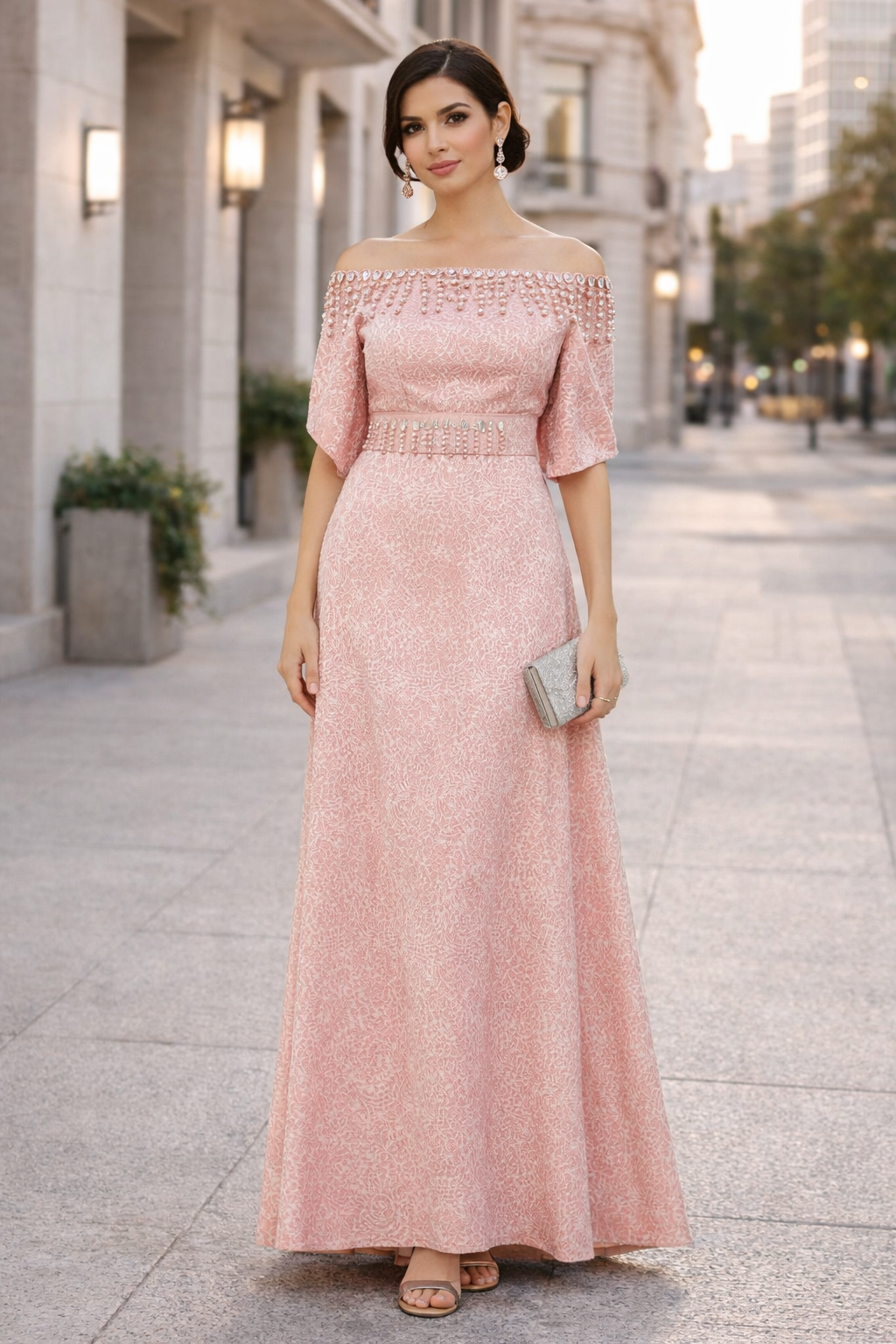 Stunning Fit And Flare Long Embroidered Dress With Off Shoulder Neckline And Half Sleeves