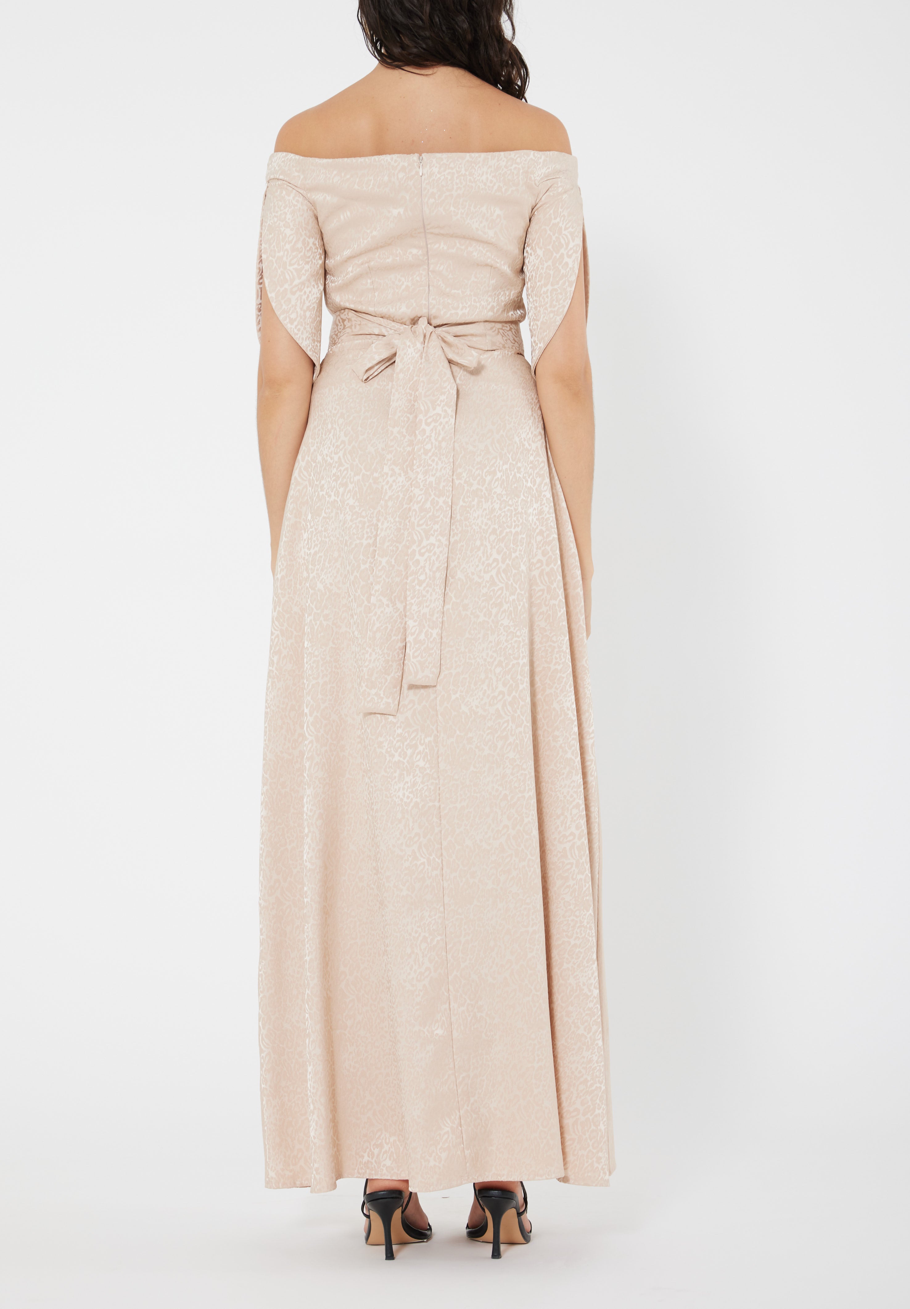 Stunning Fit And Flare Long Embroidered Dress With Off Shoulder Neckline And Half Sleeves