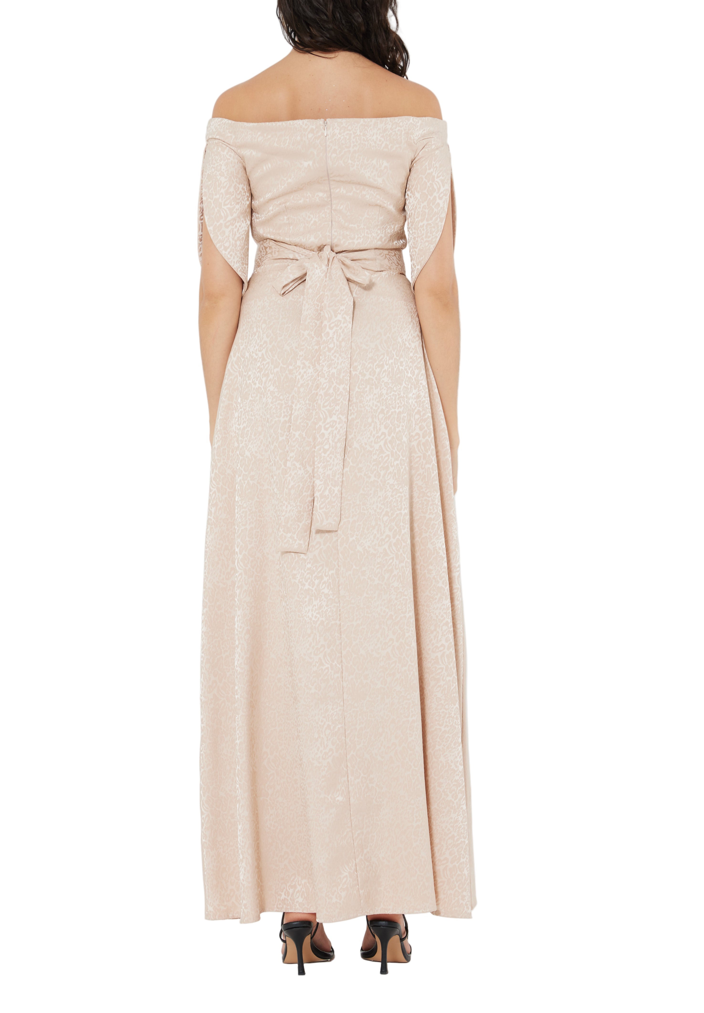 Stunning Fit And Flare Long Embroidered Dress With Off Shoulder Neckline And Half Sleeves