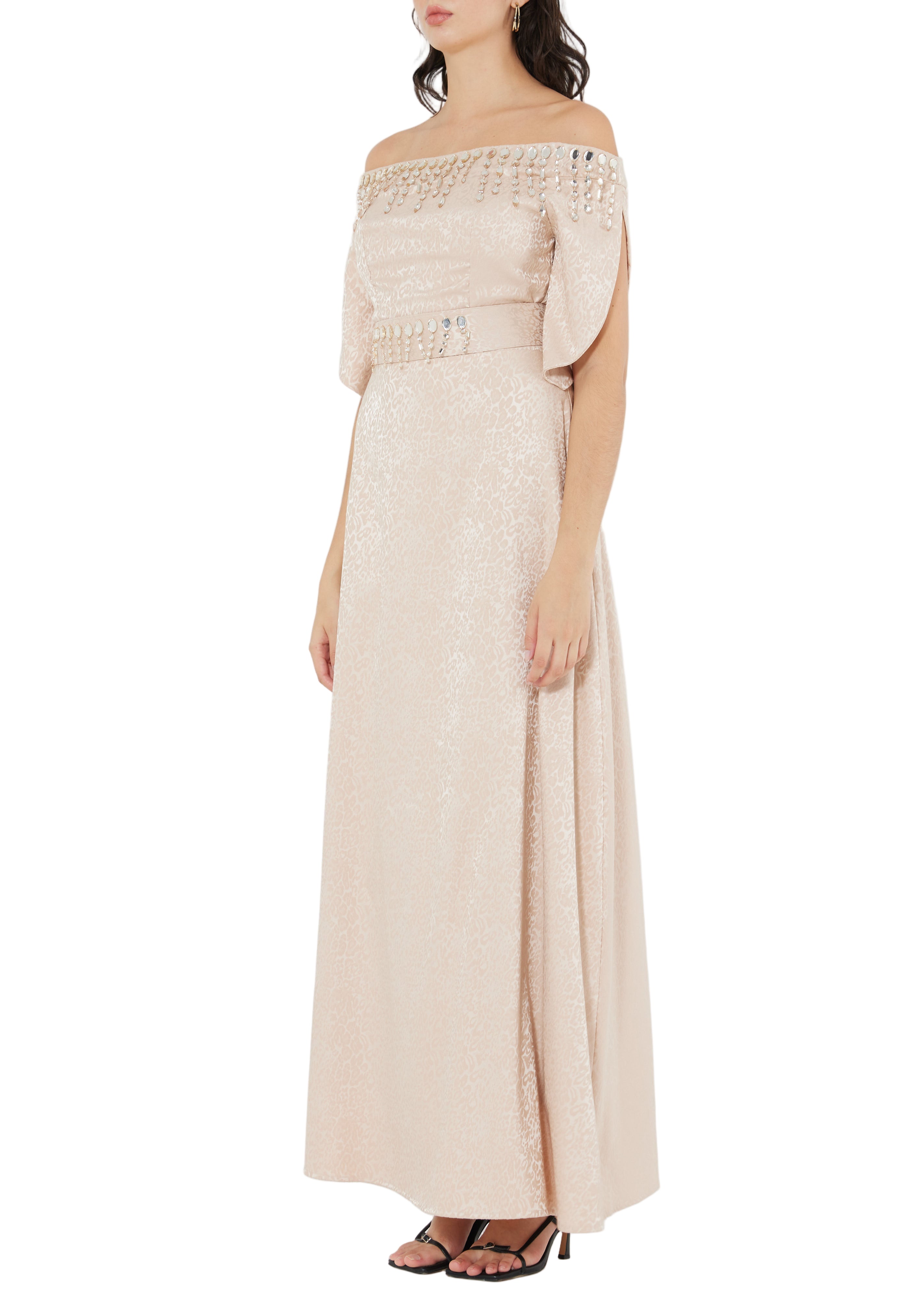 Stunning Fit And Flare Long Embroidered Dress With Off Shoulder Neckline And Half Sleeves