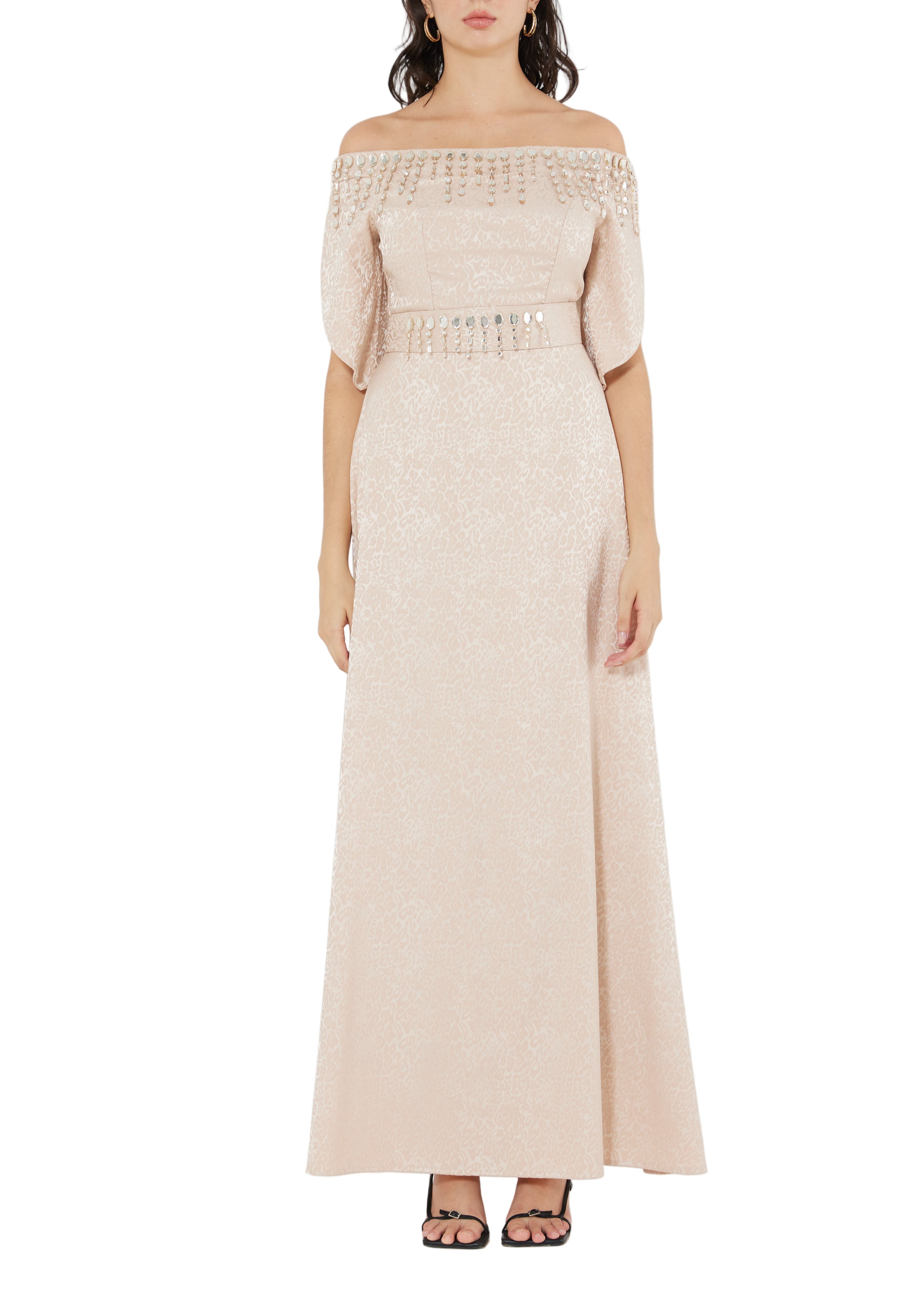 Stunning Fit And Flare Long Embroidered Dress With Off Shoulder Neckline And Half Sleeves
