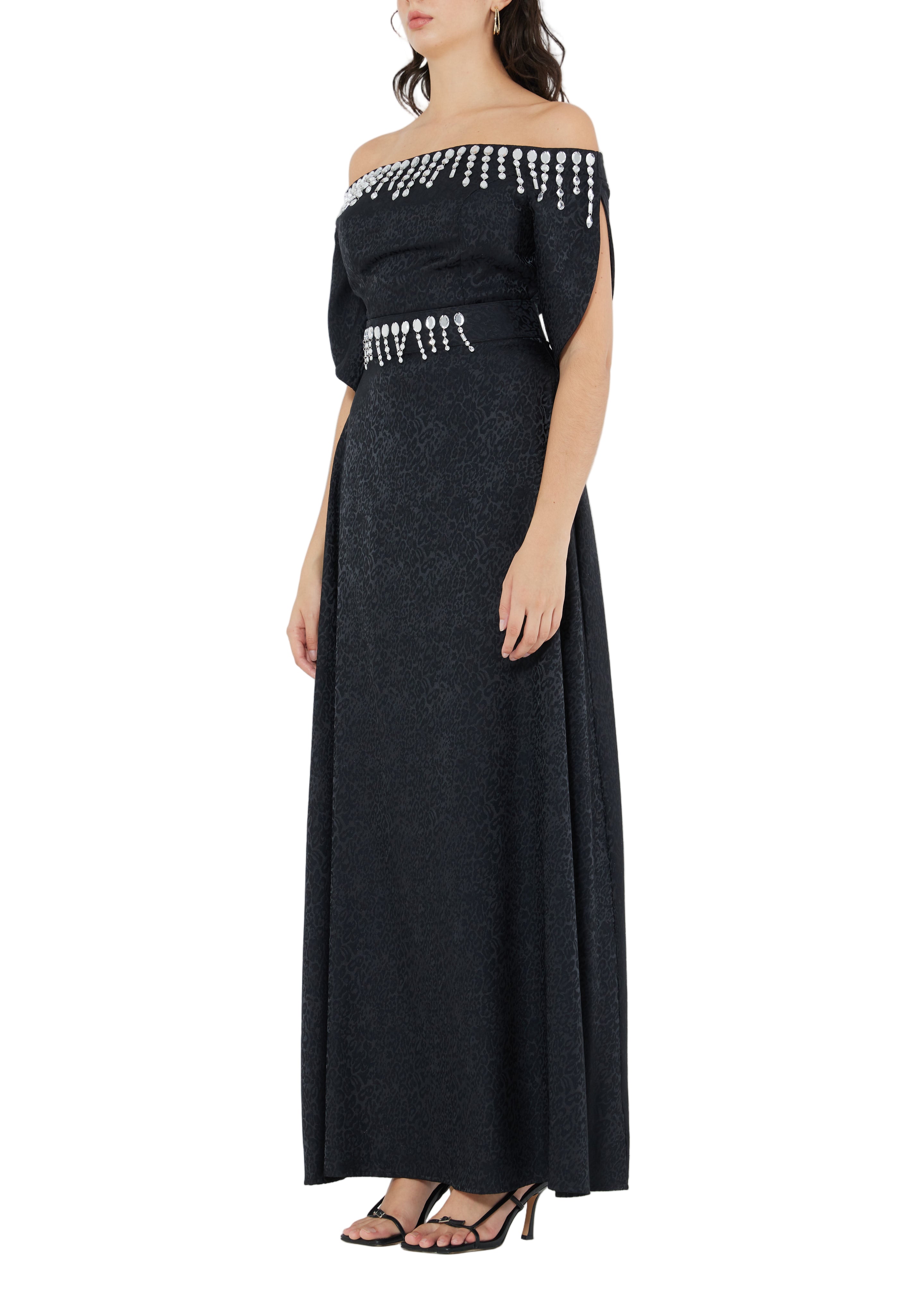 Stunning Fit And Flare Long Embroidered Dress With Off Shoulder Neckline And Half Sleeves