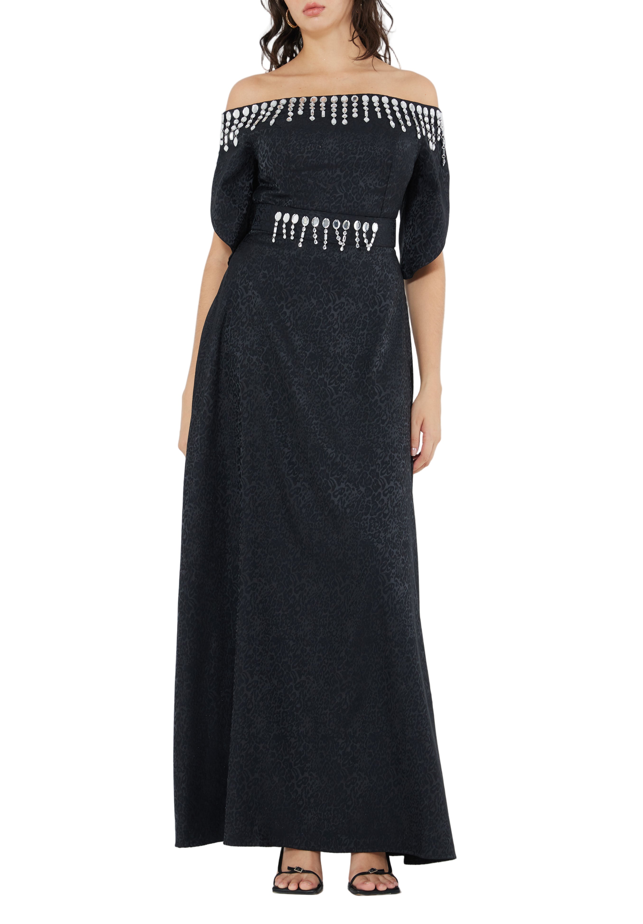 Stunning Fit And Flare Long Embroidered Dress With Off Shoulder Neckline And Half Sleeves