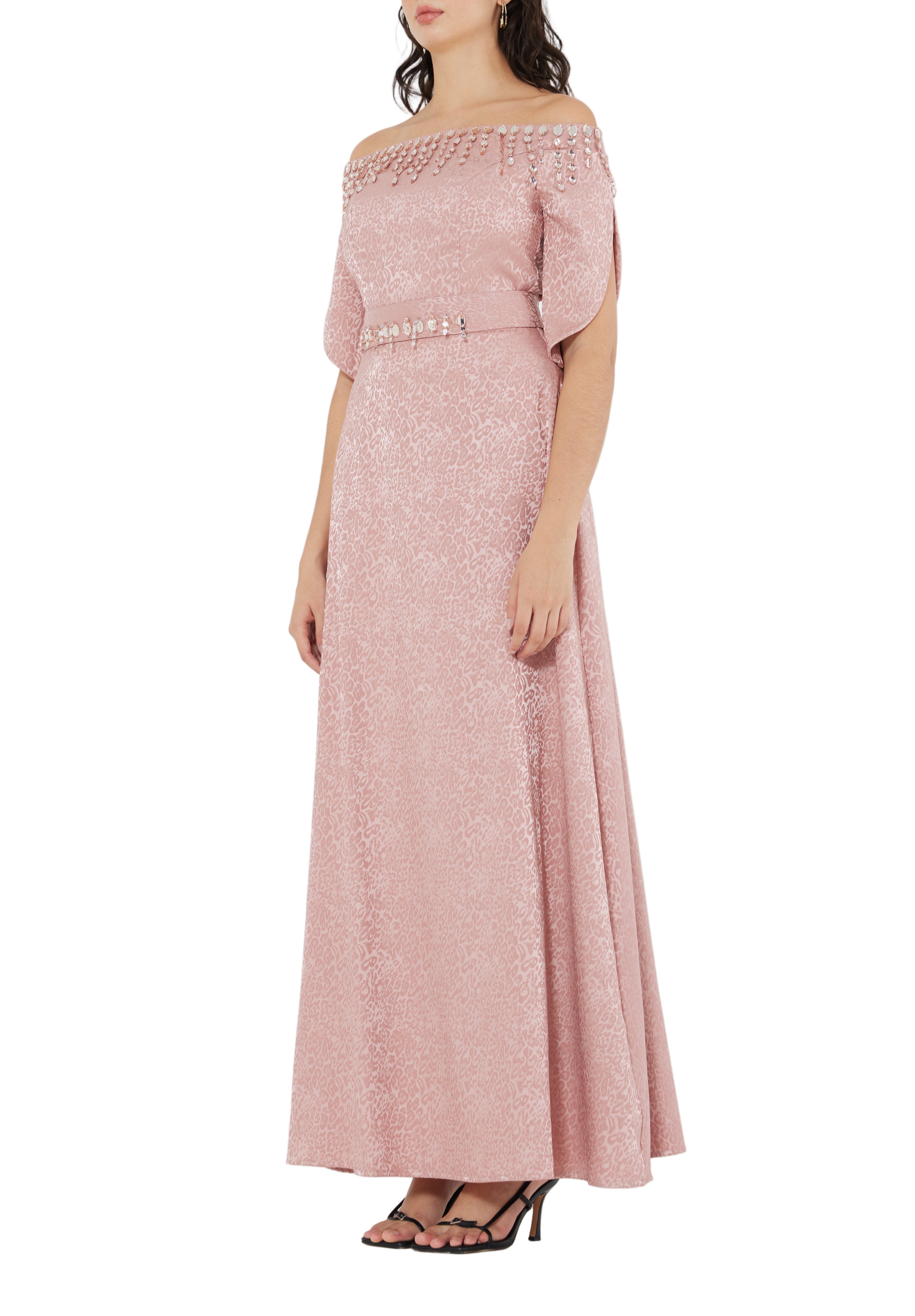 Stunning Fit And Flare Long Embroidered Dress With Off Shoulder Neckline And Half Sleeves