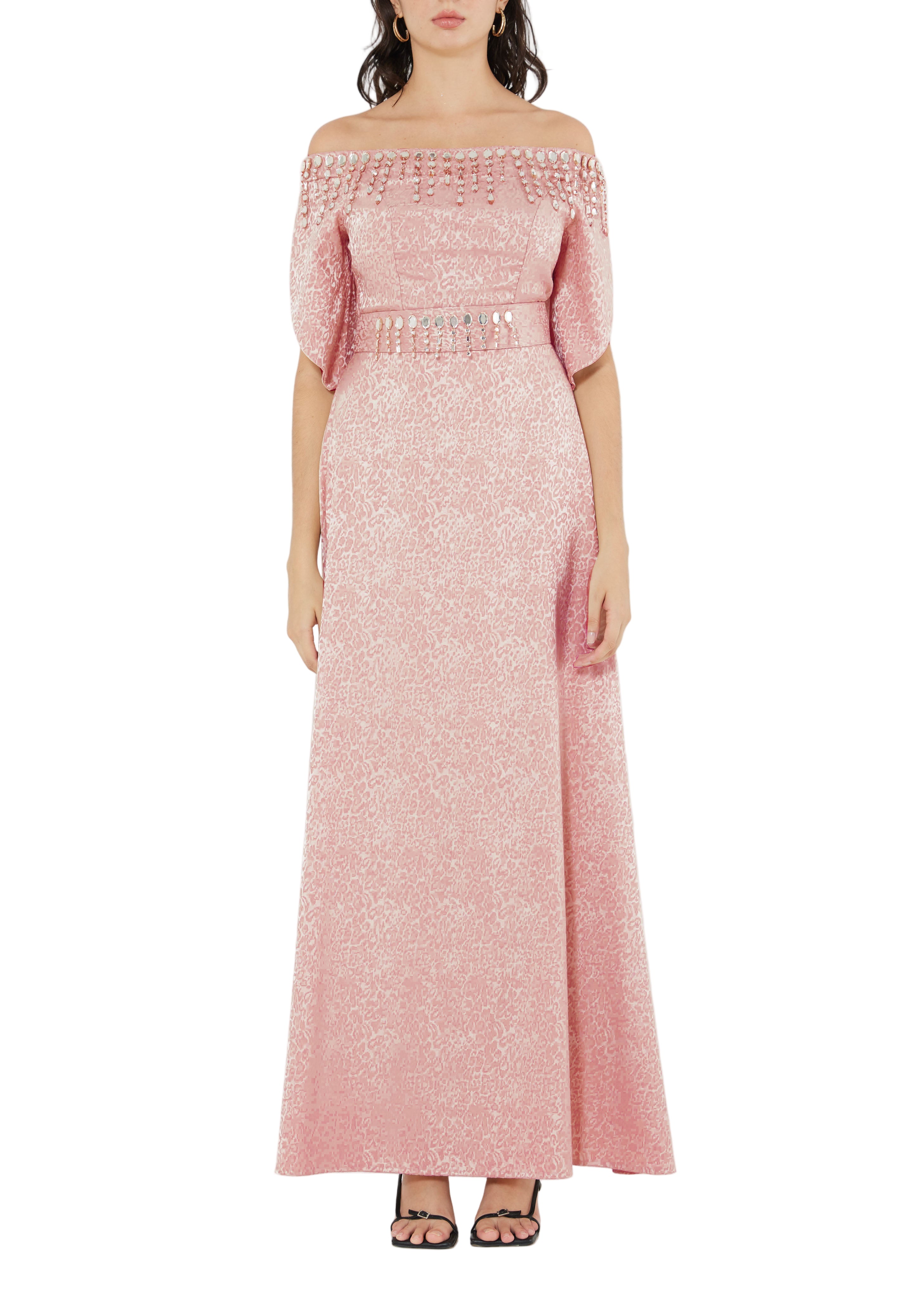 Stunning Fit And Flare Long Embroidered Dress With Off Shoulder Neckline And Half Sleeves