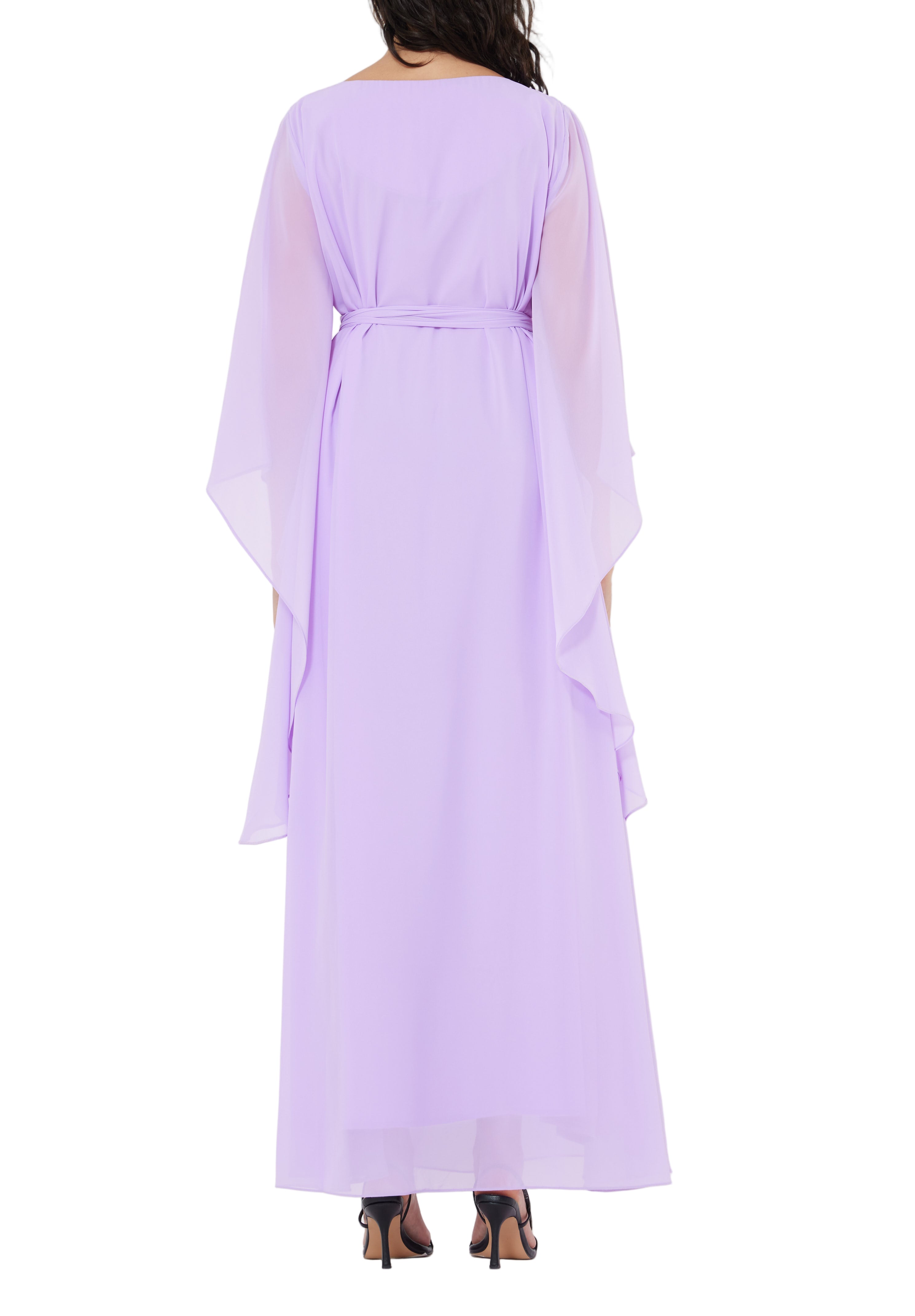 Stunning Embroidered Chiffon Loose Fit Jalabiya With V-Neckline And Flared Sleeves