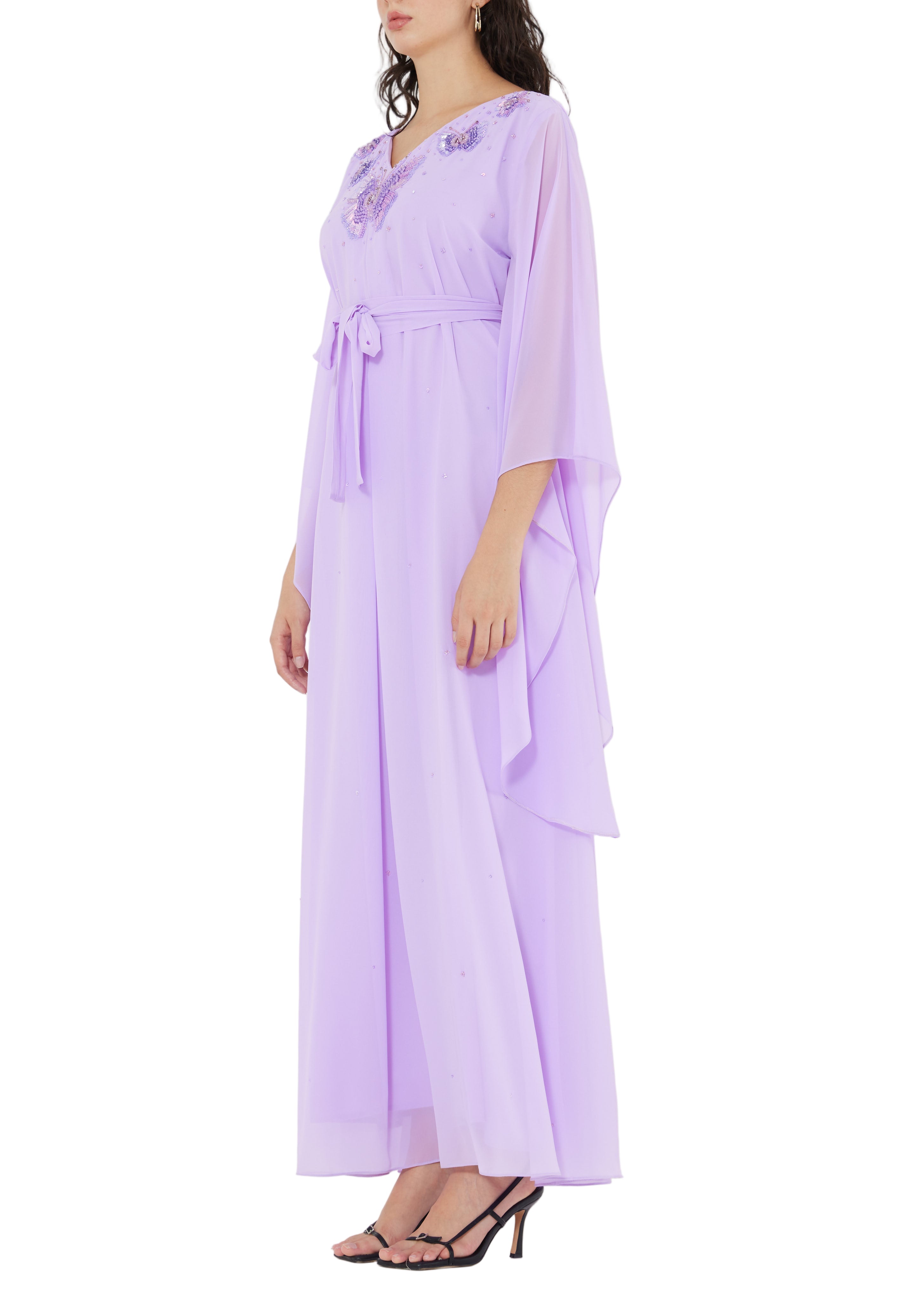 Stunning Embroidered Chiffon Loose Fit Jalabiya With V-Neckline And Flared Sleeves