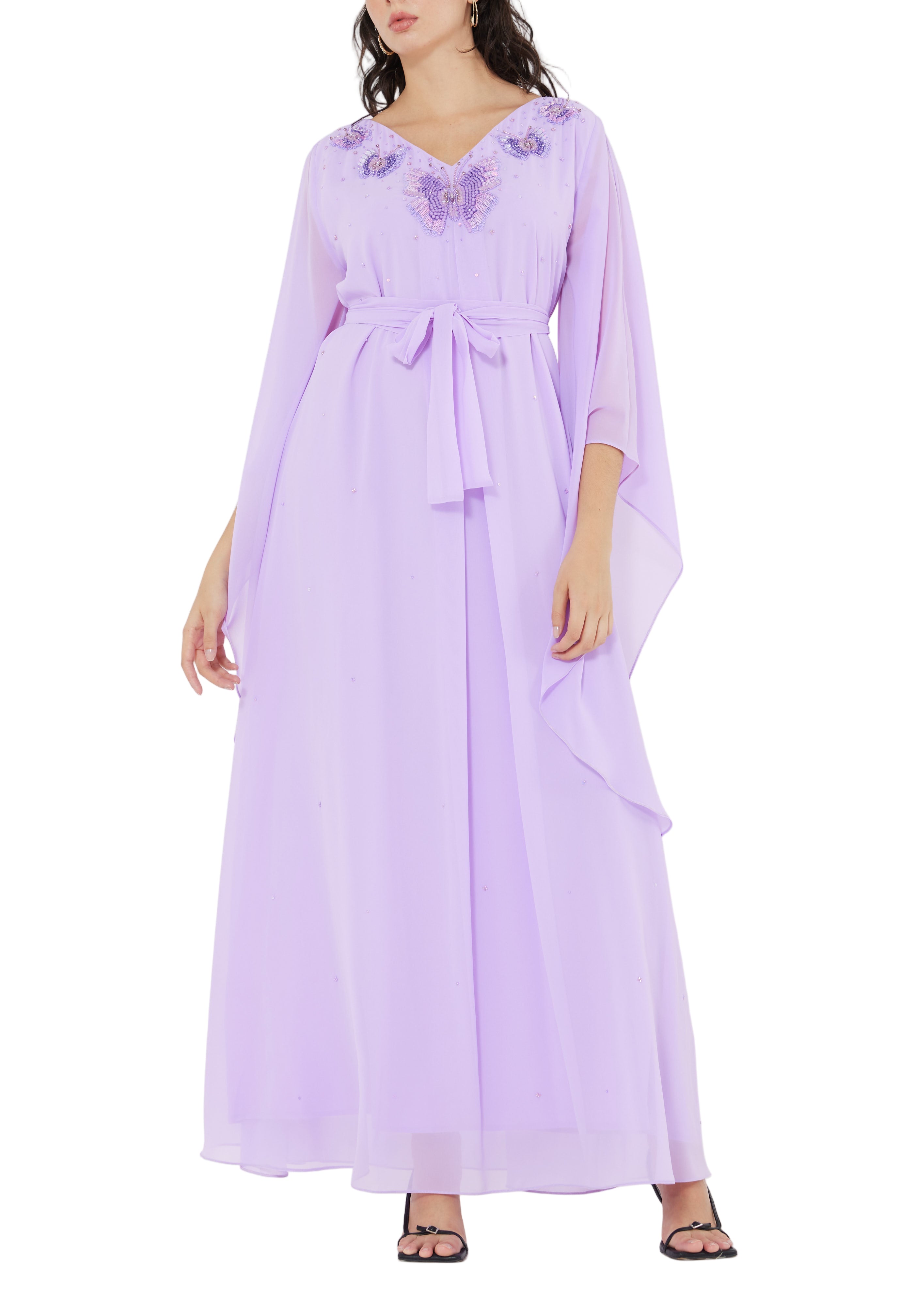 Stunning Embroidered Chiffon Loose Fit Jalabiya With V-Neckline And Flared Sleeves