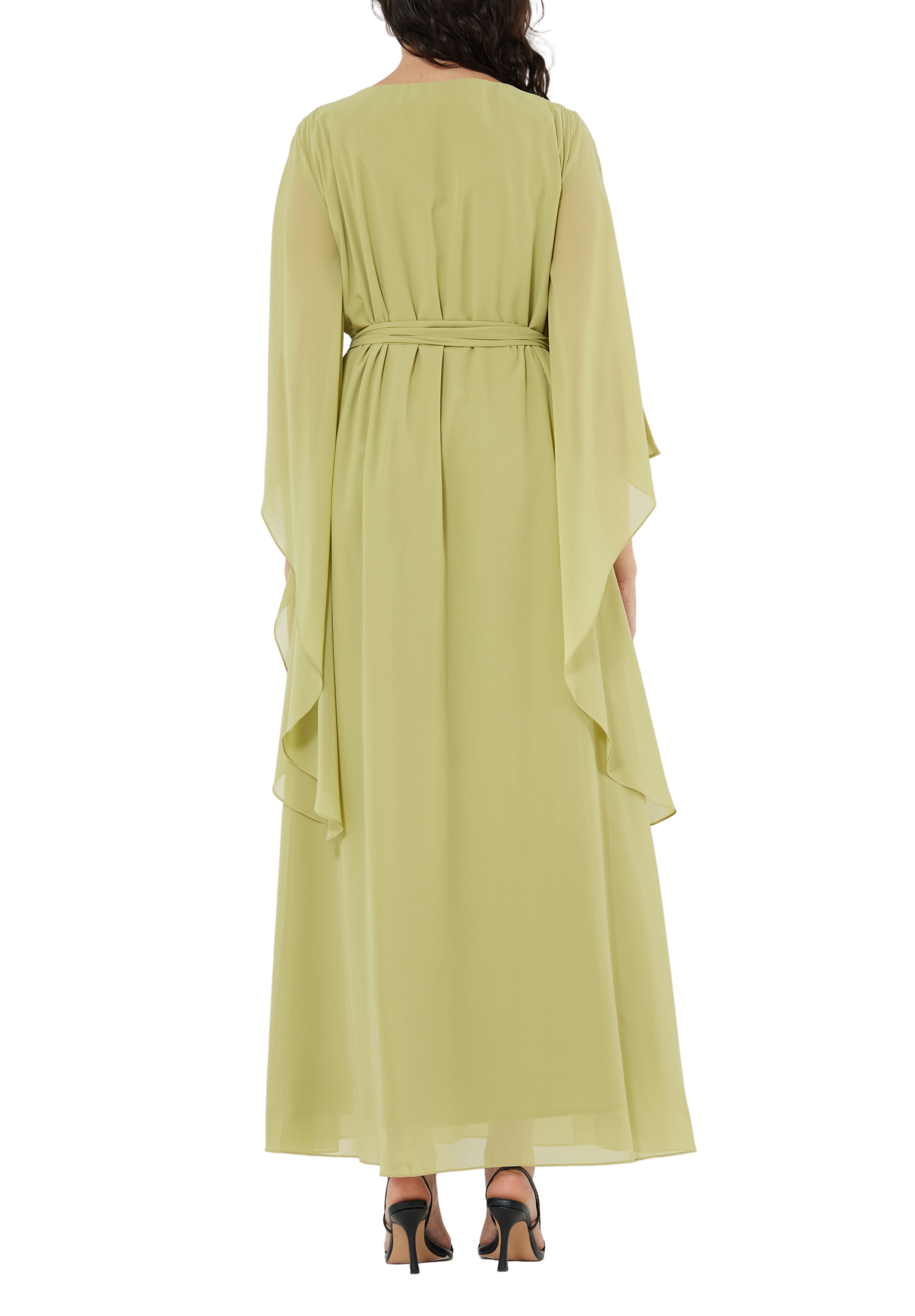 Stunning Embroidered Chiffon Loose Fit Jalabiya With V-Neckline And Flared Sleeves