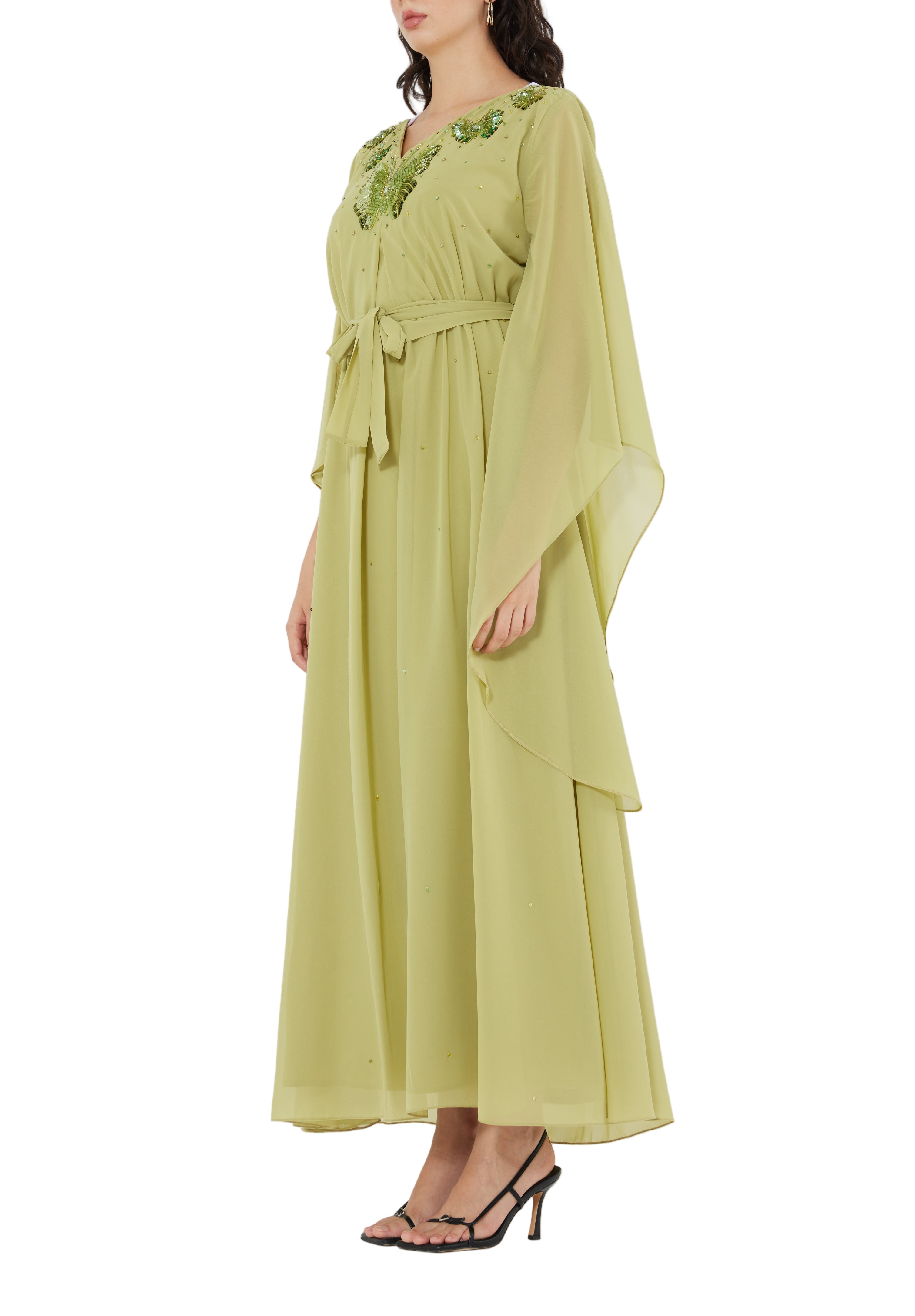 Stunning Embroidered Chiffon Loose Fit Jalabiya With V-Neckline And Flared Sleeves