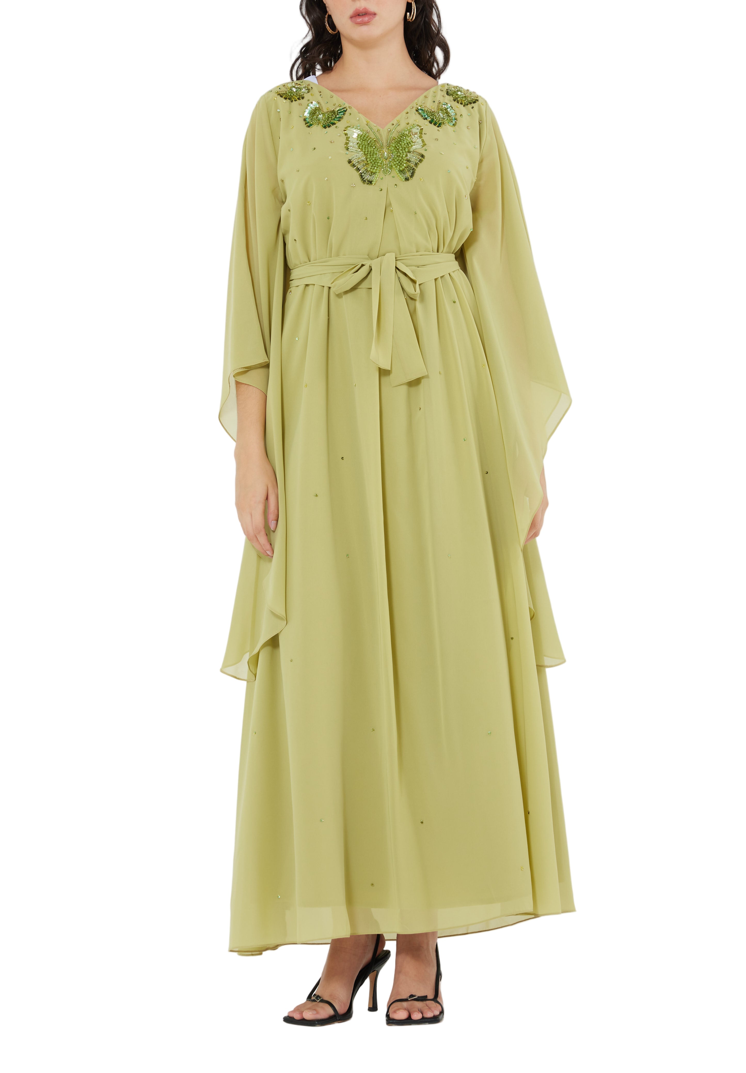 Stunning Embroidered Chiffon Loose Fit Jalabiya With V-Neckline And Flared Sleeves