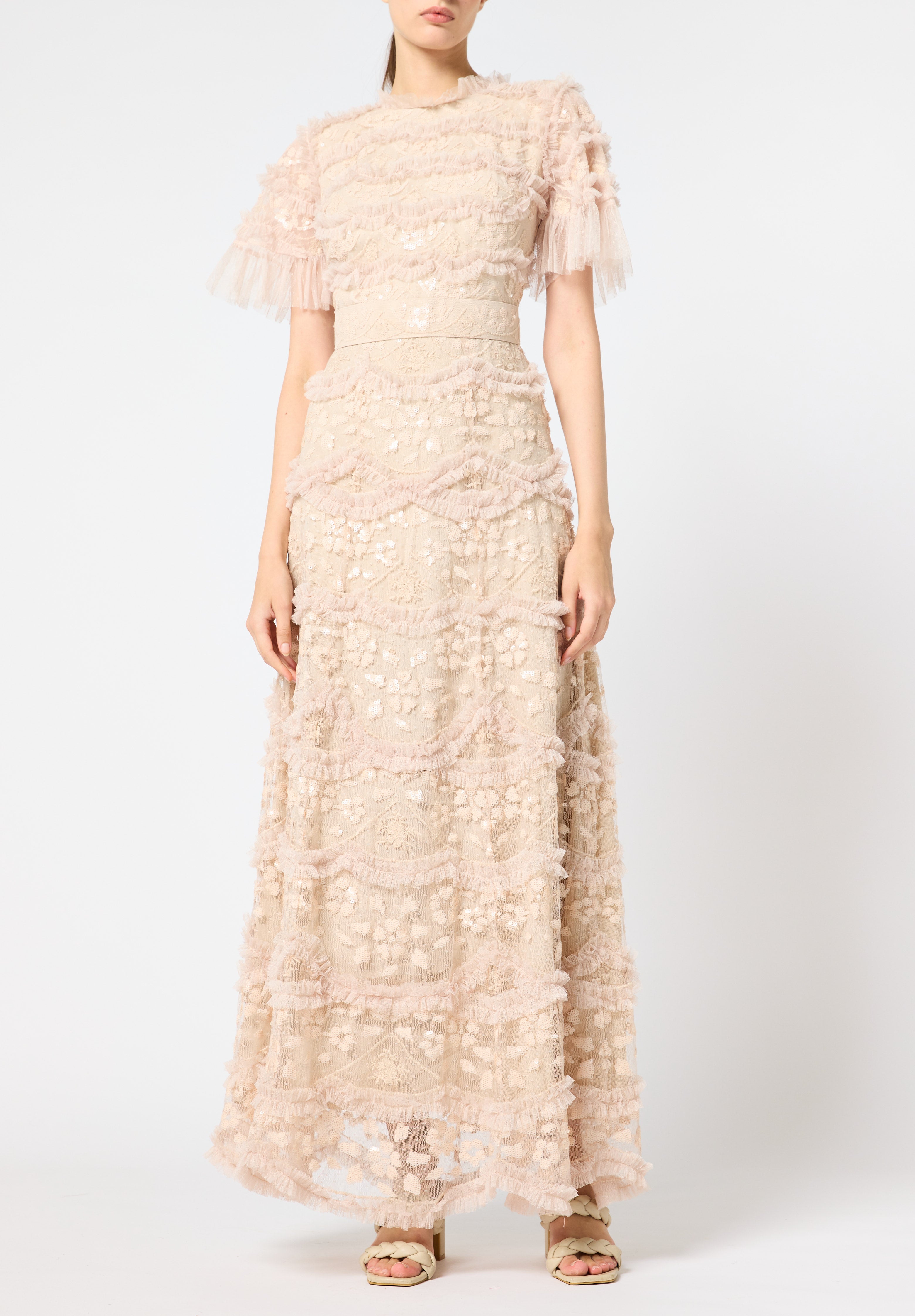 Beautiful Ruffle detailed Tulle Dress with Round Neckline And Short Sleeves