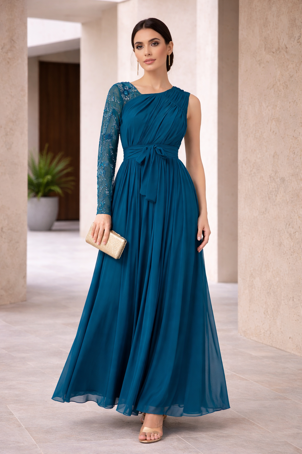 One-Shoulder Draped Sleeve Gown