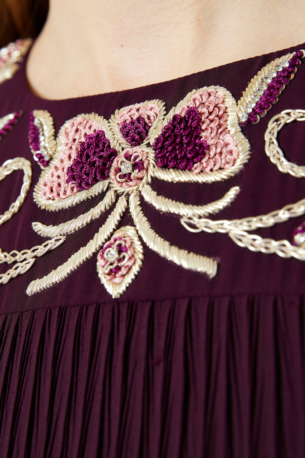 Pleated Flowing Embroidered Yoke Dress