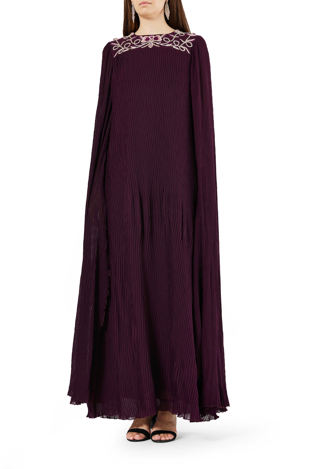 Pleated Flowing Embroidered Yoke Dress