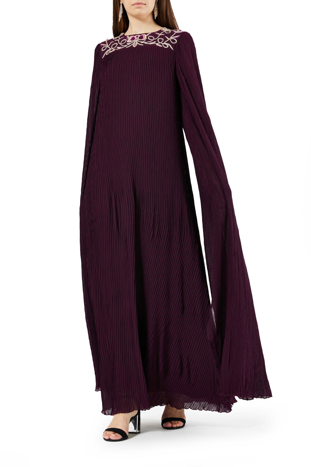 Pleated Flowing Embroidered Yoke Dress