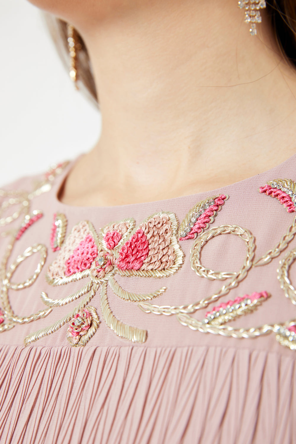 Pleated Flowing Embroidered Yoke Dress