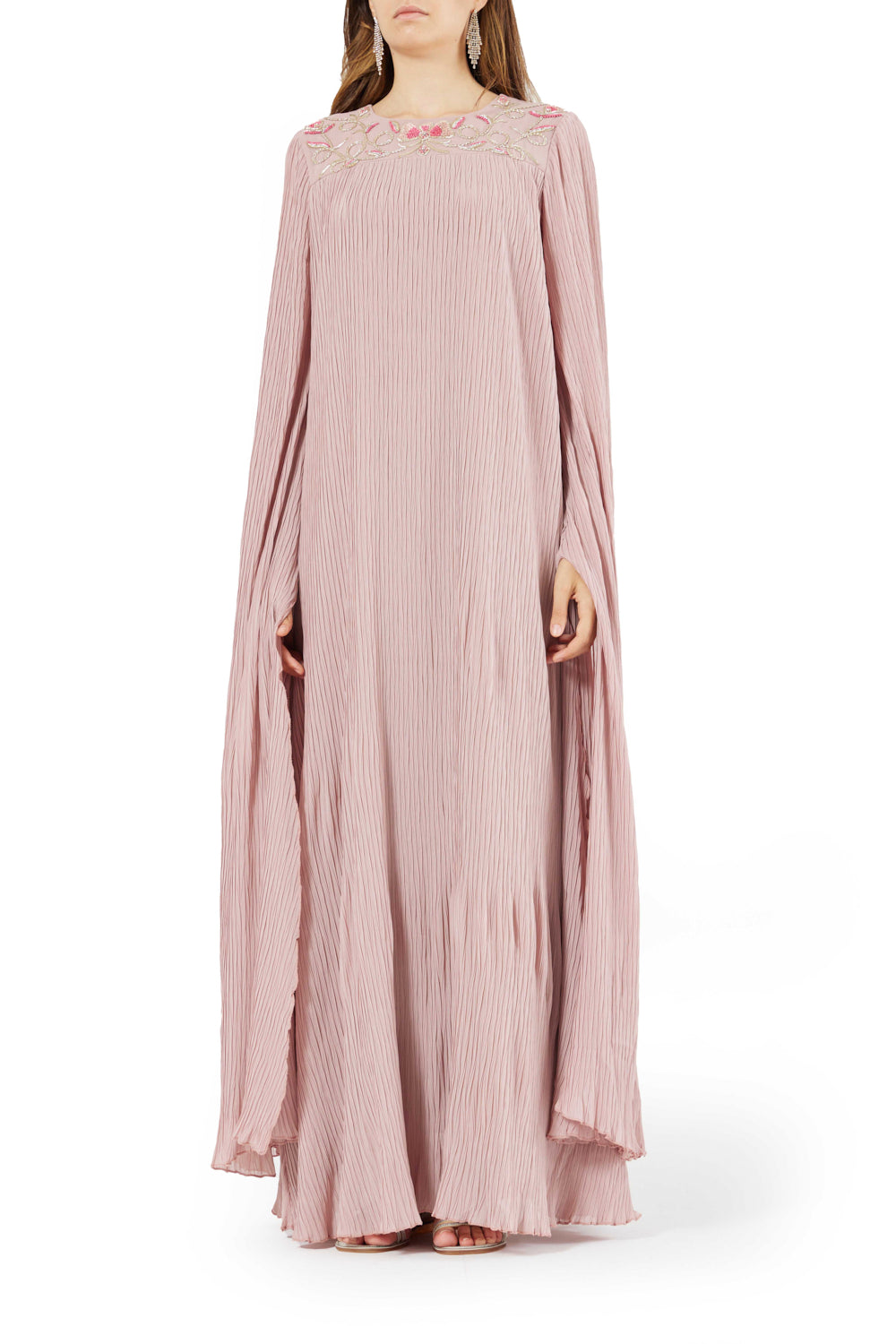 Pleated Flowing Embroidered Yoke Dress